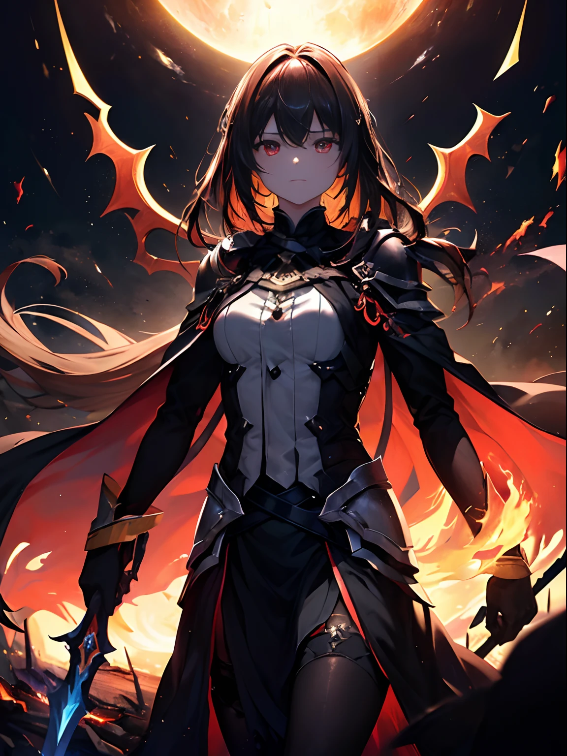 (((​masterpiece)))、(((top-quality)))、((ultra-detailliert))、Come、The Darkness of the Abyss、Flaming Great Sword、Darkness, Shadow, Hate and Destruction、Great Flame of Vengeance、Burn Me、Burn him、He Who Burns、（Fire of the Abyss）