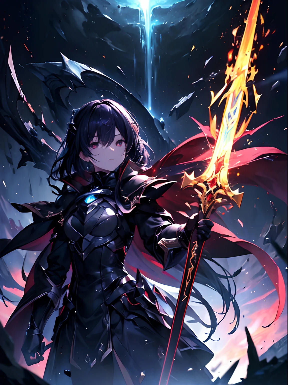 (((masterpiece)))、(((top-quality)))、((ultra-detailliert))、Come、The Darkness of the Abyss、Flaming Great Sword、Darkness, Shadow, Hate and Destruction、Great Flame of Vengeance、Burn Me、Burn him、He Who Burns、(Fire of the Abyss)