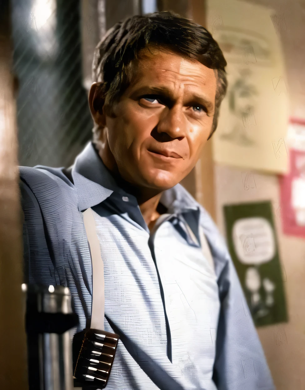 Man in a blue shirt with knife in hand, promo still, smug look, smug smirk, corporate offices, promo image, Eddie, stock image, glen, robin, tv show still, (Smoke), Anthony Hopkins, William Defoe, uhq, Smoky, smug expression, fan favorite, scene from a 1 9 7 3 film, Handsome man