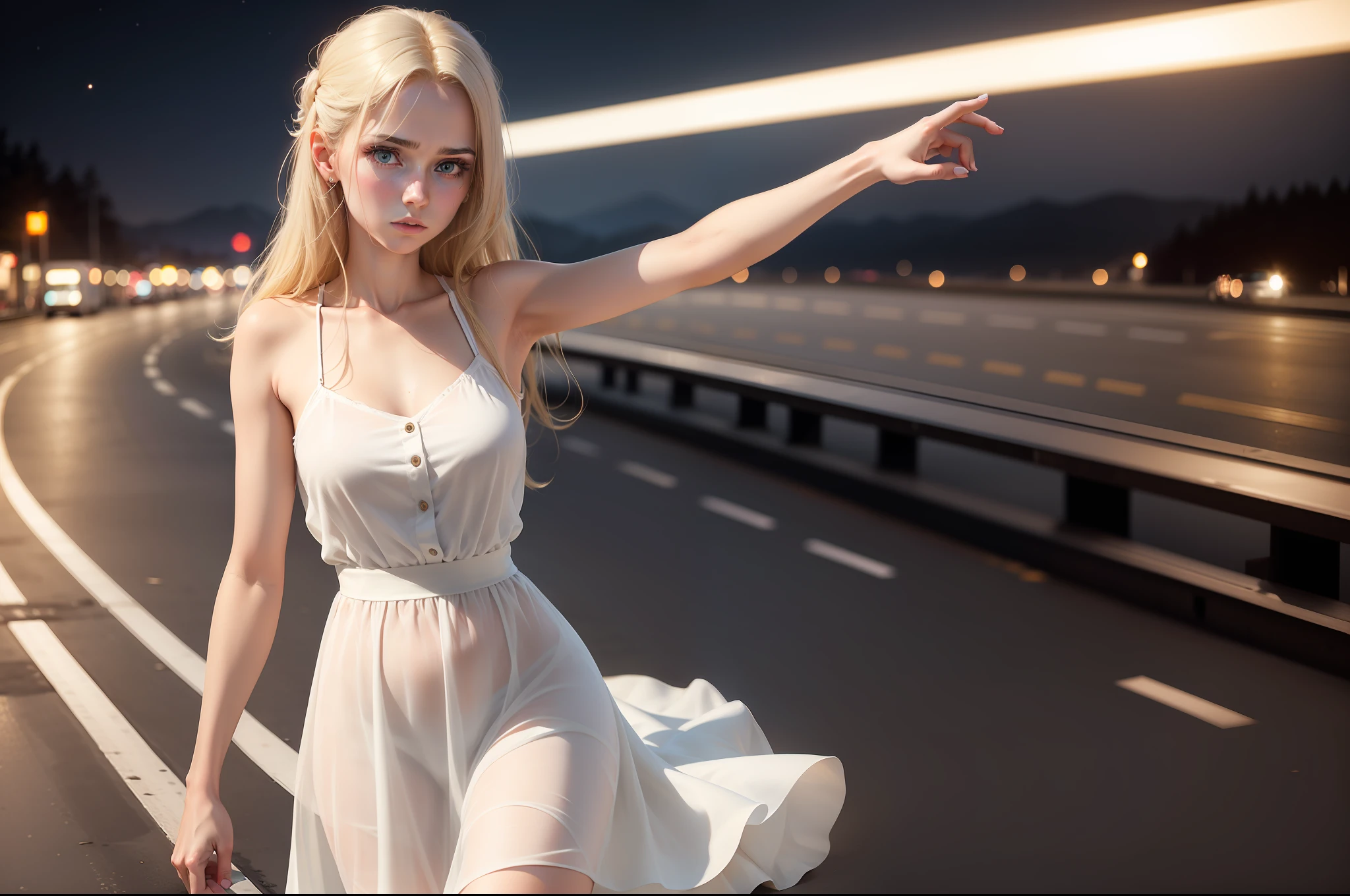 Very realistic and detailed 8k image of a 22 years old woman, thin body, pretty, blonde, wearing a white dress from the 60s, tired expression, hitchhiking on an empty night road