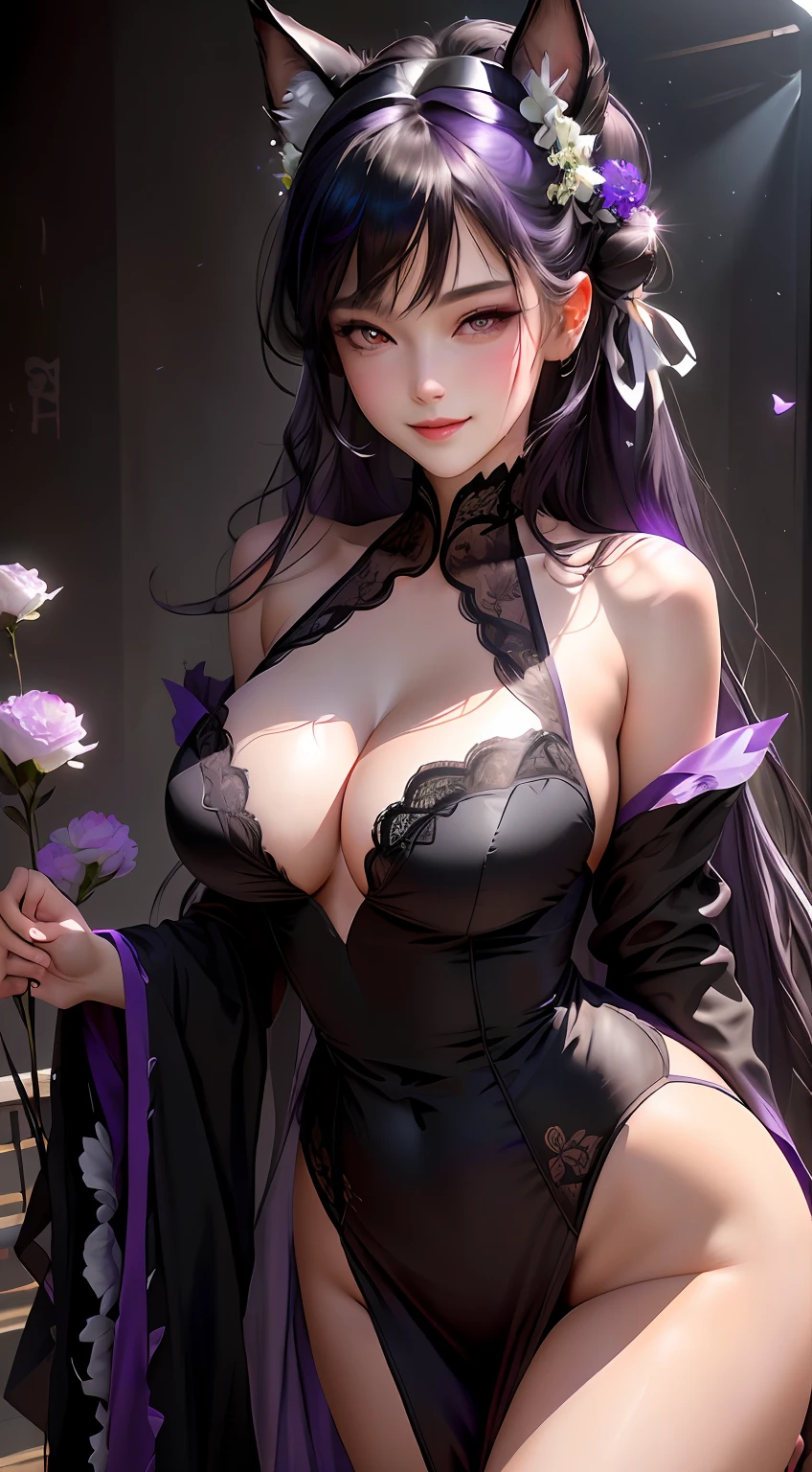 A beautyful girl，crisp breasts，cleavage，slender leg，Big breasts Thin waist，Wearing a black lace dress，Purple lace，Skin texture，White flowers，Black hair, long eyelasher, Fake animal ears, Light smile, Fang, Purple hair, Black hair, pony tails, double tails, Very long hair, widow peak, Hair ribbon, maid headdress, flowers in head, Heart-shaped pupils,Purple eyes, Charming purple eyes，Pink eyes,  grin, Naughty face, Light blush, chin grab, shadowing, stereograms, tachi-e, Atmospheric perspective, hyper photorealism, 8K, Super detail, ccurate, Best quality, A high resolution, High quality, Anatomically correct, 巨作