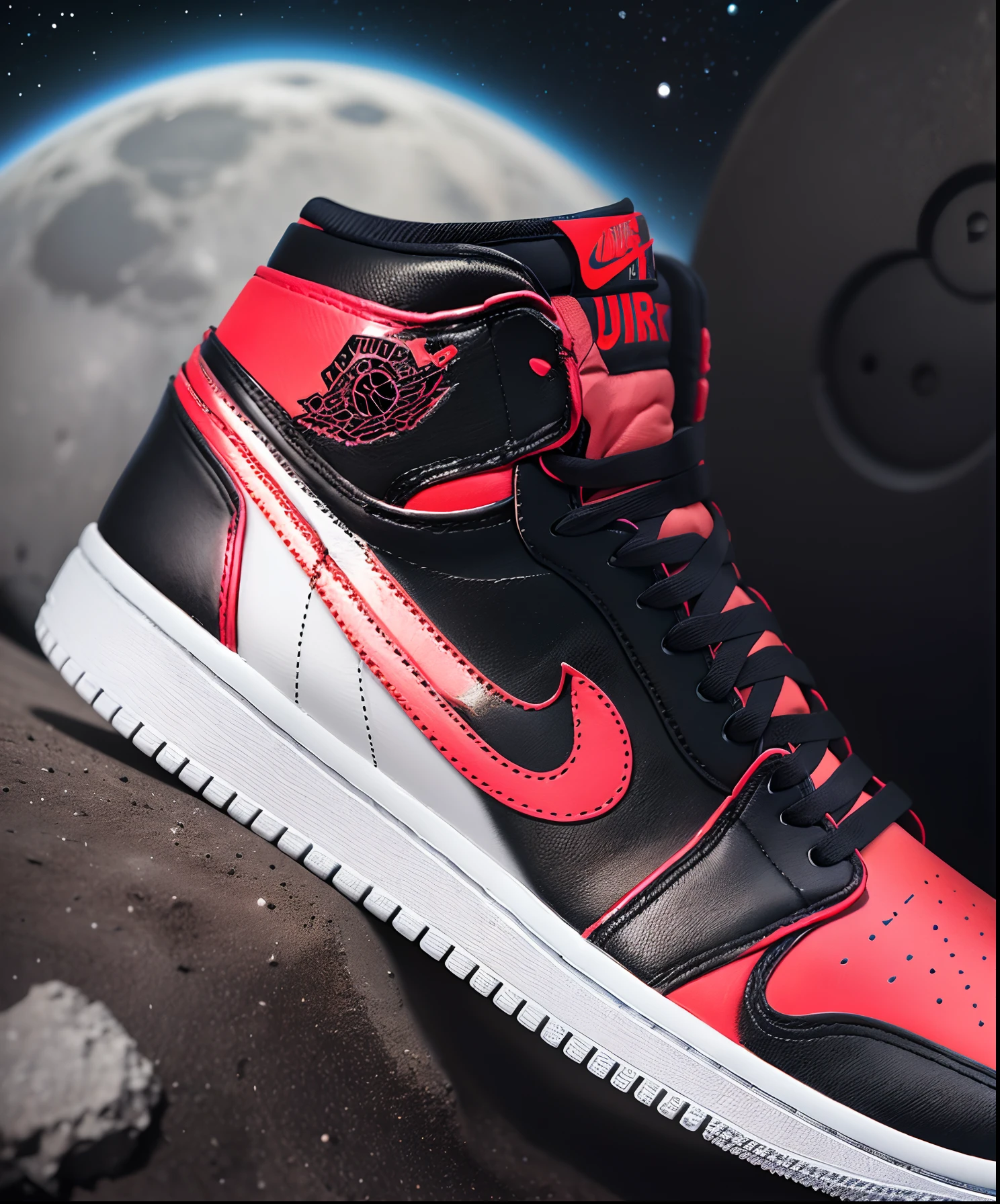 realistic, photorealism, create a space themed and inspired (air jordan 1 shoe red_black_white) in detail centered, dinamic angle shot, supported, stepping and touching the The surface of the Moon is made up of a lot of debris and dust, as well as impact craters detailed 1:1 --auto --s2
