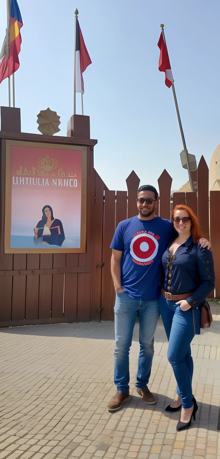 There are two people in front of a fence with flags, com um parceiro cientista de pele preta do sexo masculino, a beautiful woman pale skin,  ruiva, delicada, Directed by: Nandor Soldier, lindo dia ensolarado, foto de perfil 1024px, vacation photo, Lisboa, ao lado do castelo real!!!, by Almada Negreiros, em uma cidade distopia steampunk,