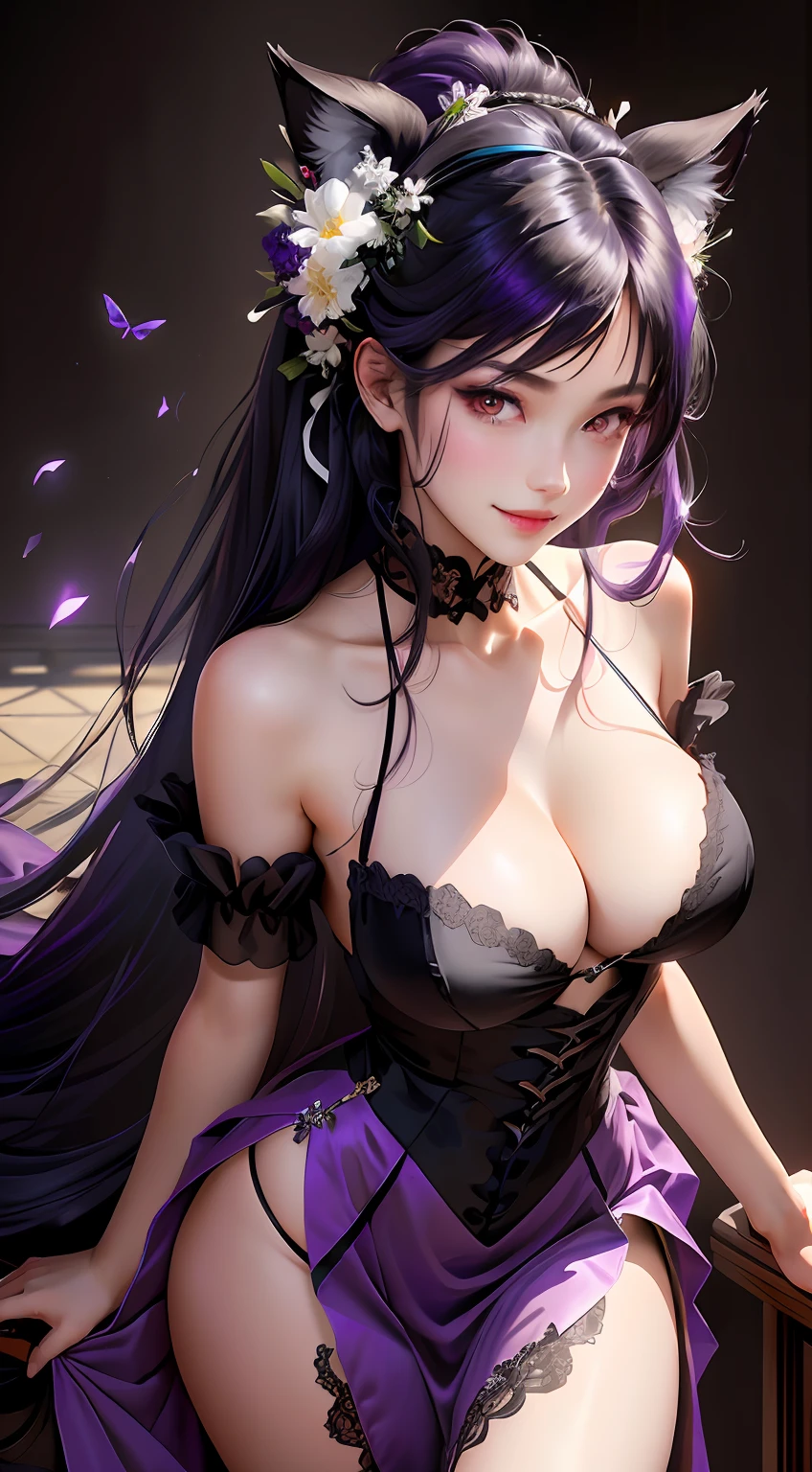 A beautyful girl，crisp breasts，cleavage，slender leg，Big breasts Thin waist，Wearing a black lace dress，Purple lace，Skin texture，White flowers，Black hair, long eyelasher, Fake animal ears, Light smile, Fang, Purple hair, Black hair, pony tails, double tails, Very long hair, widow peak, Hair ribbon, maid headdress, flowers in head, Heart-shaped pupils,Purple eyes, Charming purple eyes，Pink eyes,  grin, Naughty face, Light blush, chin grab, shadowing, stereograms, tachi-e, Atmospheric perspective, hyper photorealism, 8K, Super detail, ccurate, Best quality, A high resolution, High quality, Anatomically correct, 巨作