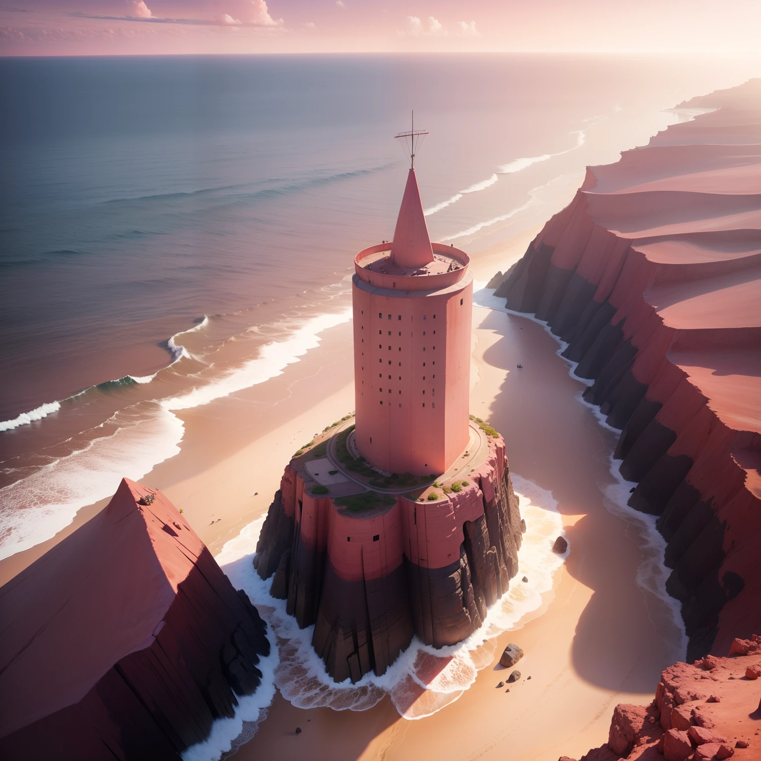 Caixa de ferro, em cima de uma pedra, no meio dor mar, with a pink sky and red sea water