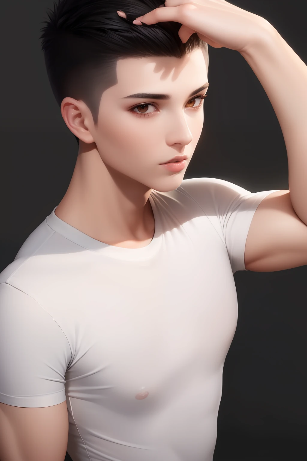 best quality, masterpiece, short black hair shaved on the sides, golden eyes, white clothes, looking up, upper body, lock of hair, light skin, muscular