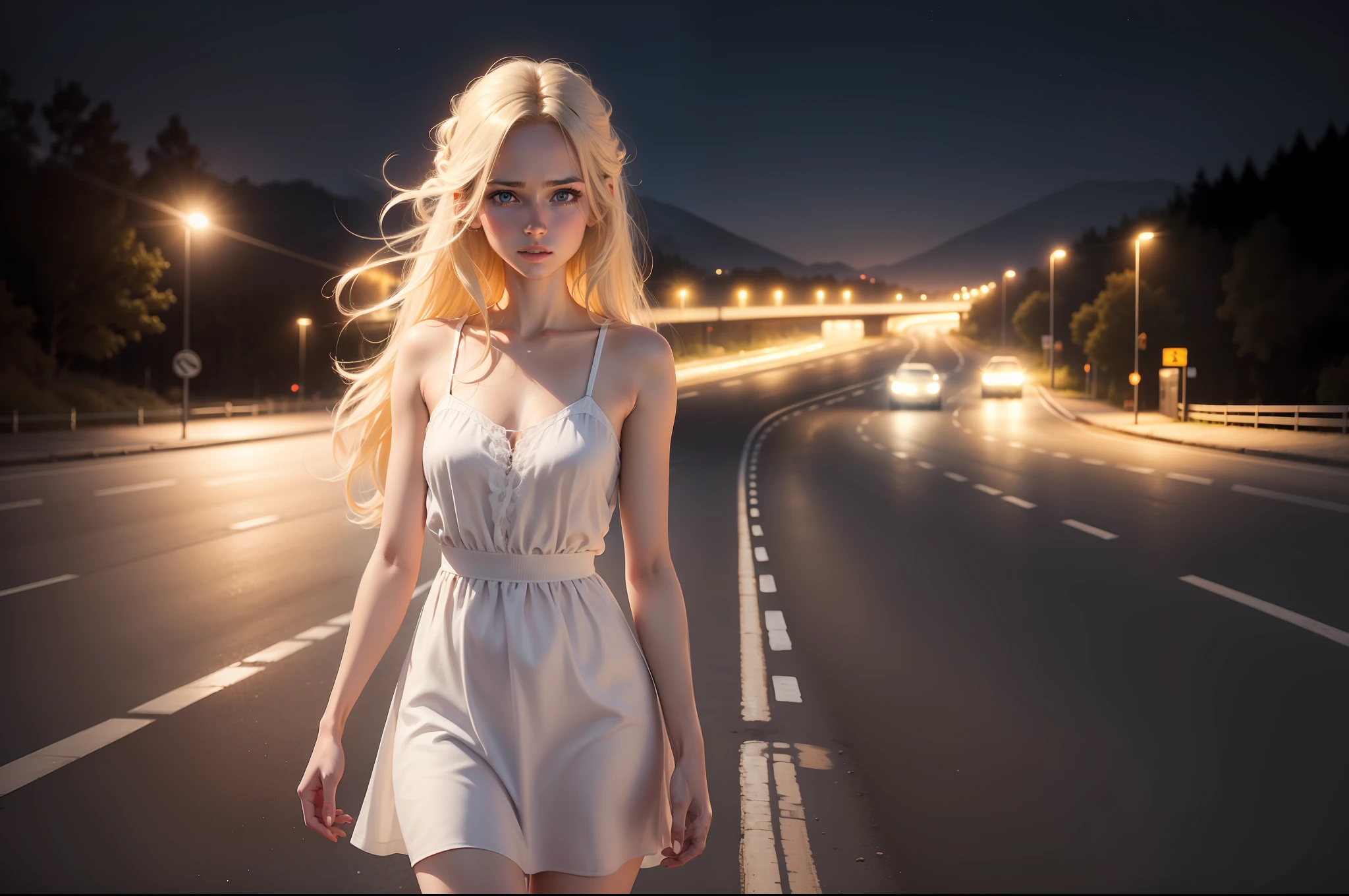 Very realistic and detailed 8k image of a 22 years old woman, thin body, pretty, blonde, wearing a white dress from the 60s, tired expression, hitchhiking on an empty night road