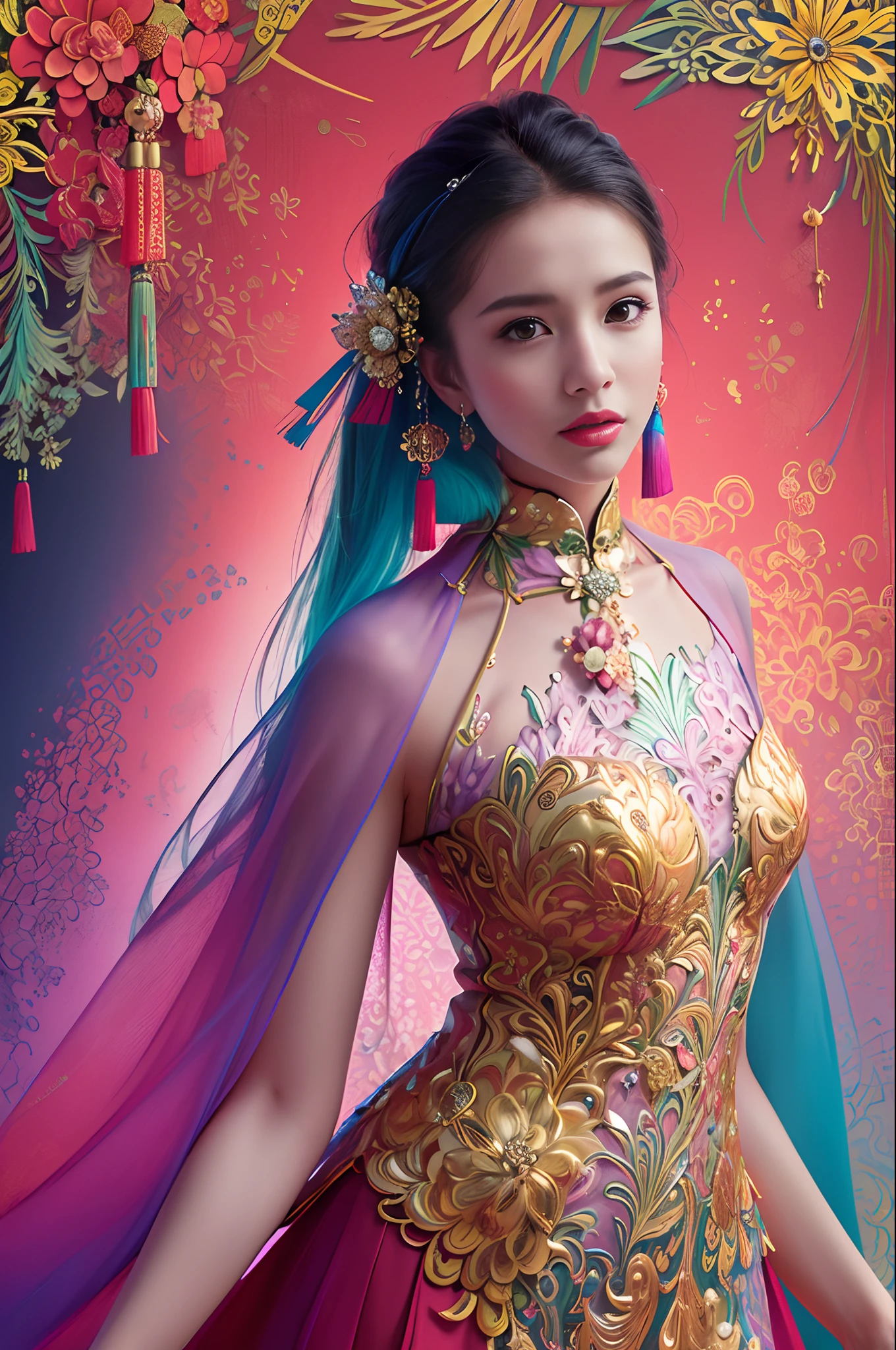 (masterpiece, top quality, best quality, official art, beautiful and aesthetic:1.2), (1girl:1.3), extremely detailed,(fractal art:1.1),(colorful:1.1)(flowers:1.3),highest detailed,(zentangle:1.2), (dynamic pose), (abstract background:1.3), (chinese Traditional cloth:1.2), (shiny skin), (many colors:1.4), ,(earrings:1.4),