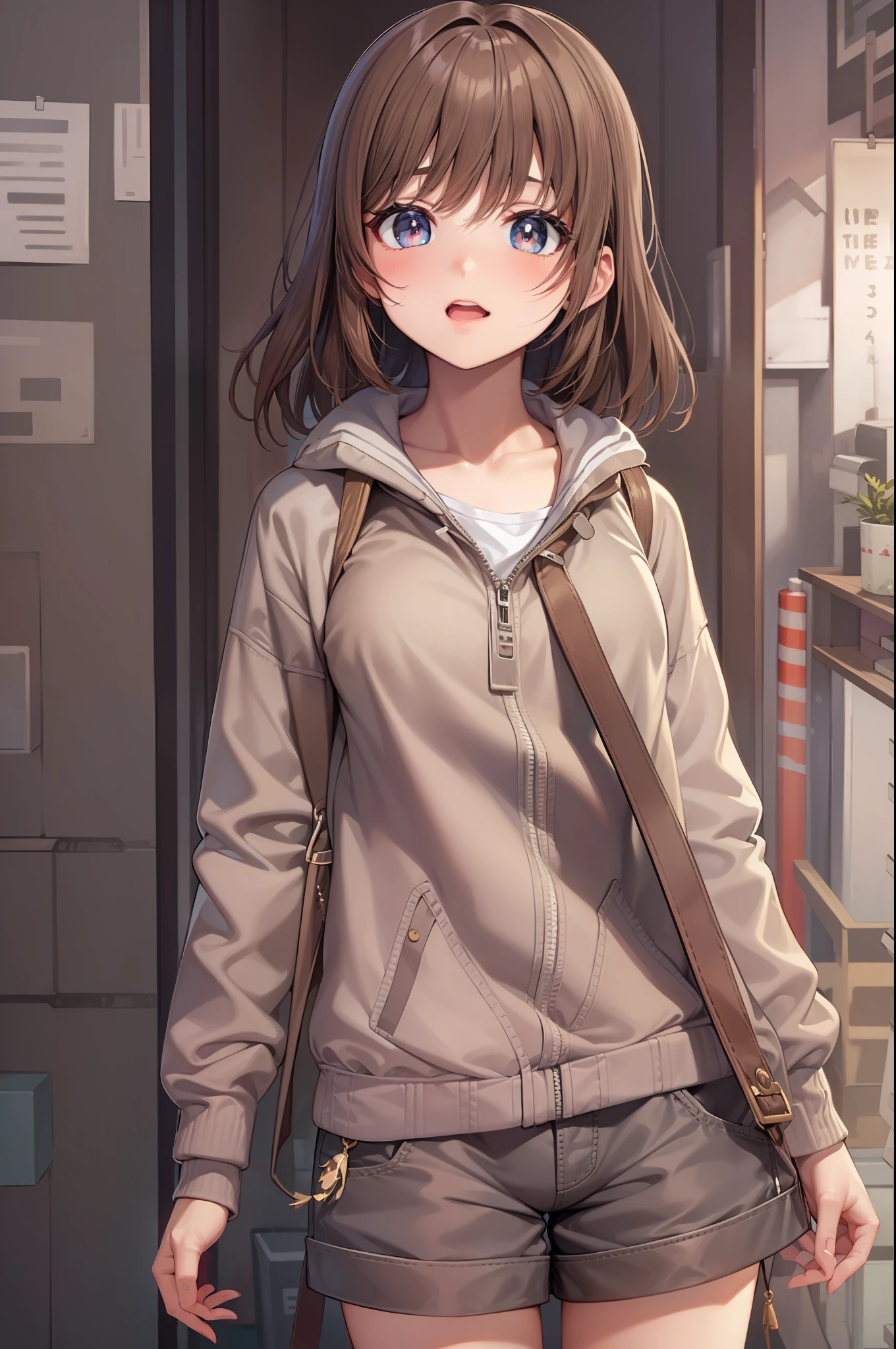 Two-dimensional style，style of anime，one-girl, pupils，Prepare to go out with brown hair, High detail, hyper HD, Anatomically correct, Textured skin, high detal, Super detail, High quality, Best quality, A high resolution, 16k