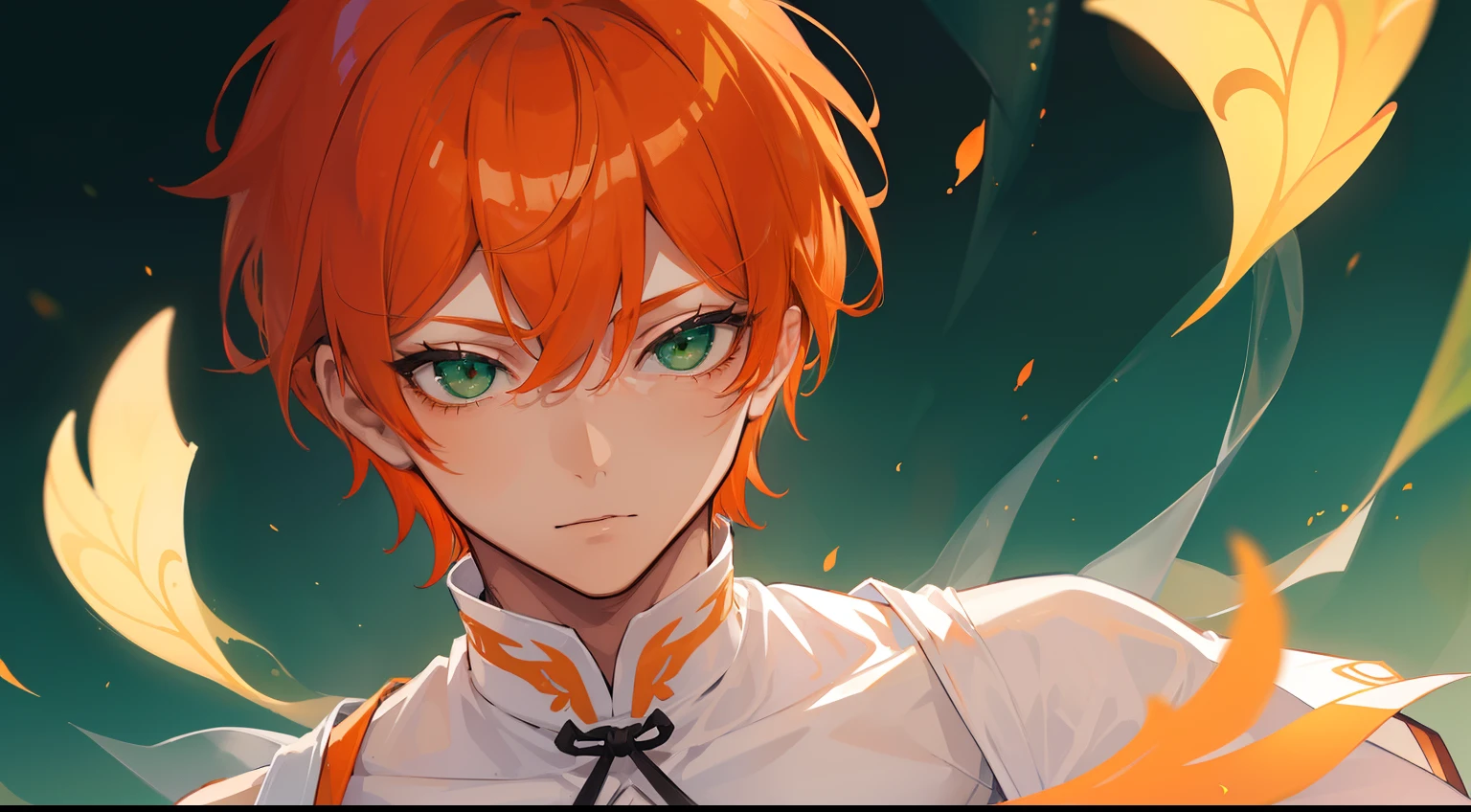((((One guy)))),close your eyes and laugh,(((Guy))), (((man))), (((Man's))),(((masutepiece))), (((Beautiful lighting))),(((muscular))),(((man))),),(((Green eyes))),(((Orange hair))), Male face,male eyebrows, Male Eyes, Eyelashes, Medium Hair,Beautiful face, v shaped_eyebrow,White skin,Transparent wings,Chinese_Clothes,(((Black clothes,)))garters_lanyard, See-through,The light of the Buddha shines, holy,