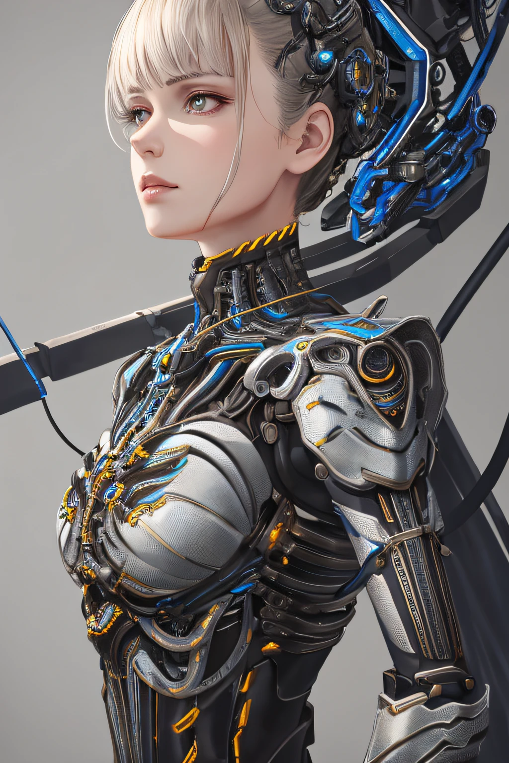 1mechanical girl,((ultra realistic details)), portrait, global illumination, shadows, octane render, 8k, ultra sharp,metal,intricate, ornaments detailed, cold colors, egypician detail, highly intricate details, realistic light, trending on cgsociety, glowing eyes, facing camera, neon details, machanical limbs,blood vessels connected to tubes,mechanical vertebra attaching to back,mechanical cervial attaching to neck,sitting,wires and cables connecting to head