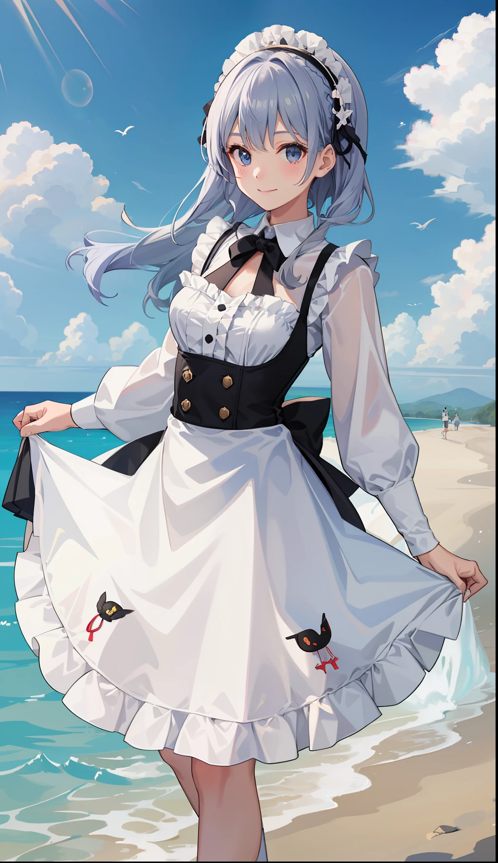 1girl in、A smile、A delightful! The shirt、skirt by the、(small tits)pinafore、doress、hair adornments、Maids、White costume、Spinning、