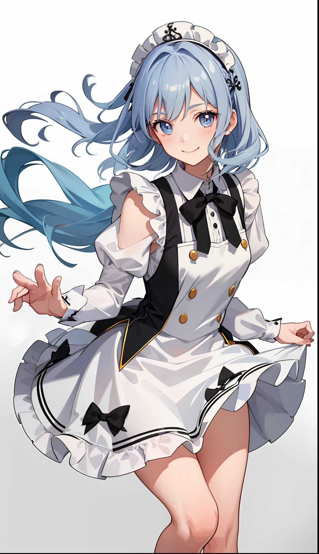 1girl in、A smile、A delightful! The shirt、skirt by the、(small tits)pinafore、doress、hair adornments、Maids、White costume、Spinning、