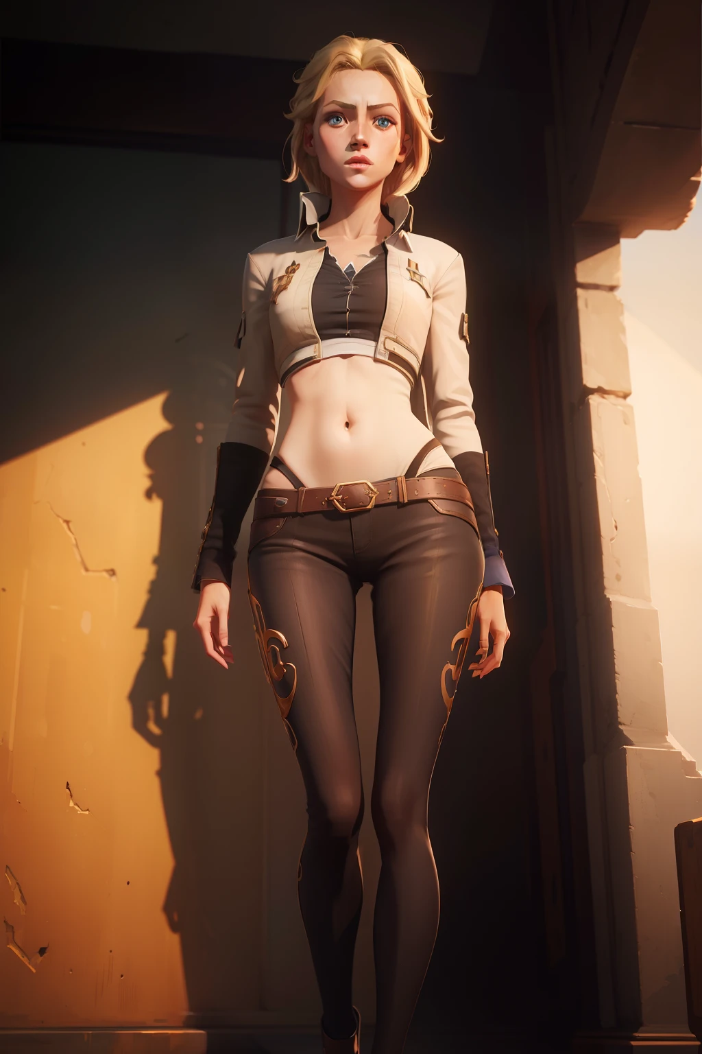 tmasterpiece，best qualtiy，（Very detailed CG unity 8K wallpaper）（best qualtiy），（Most Best Illustration），（Best shadow）Blonde hair, Blue eyes, Long legs