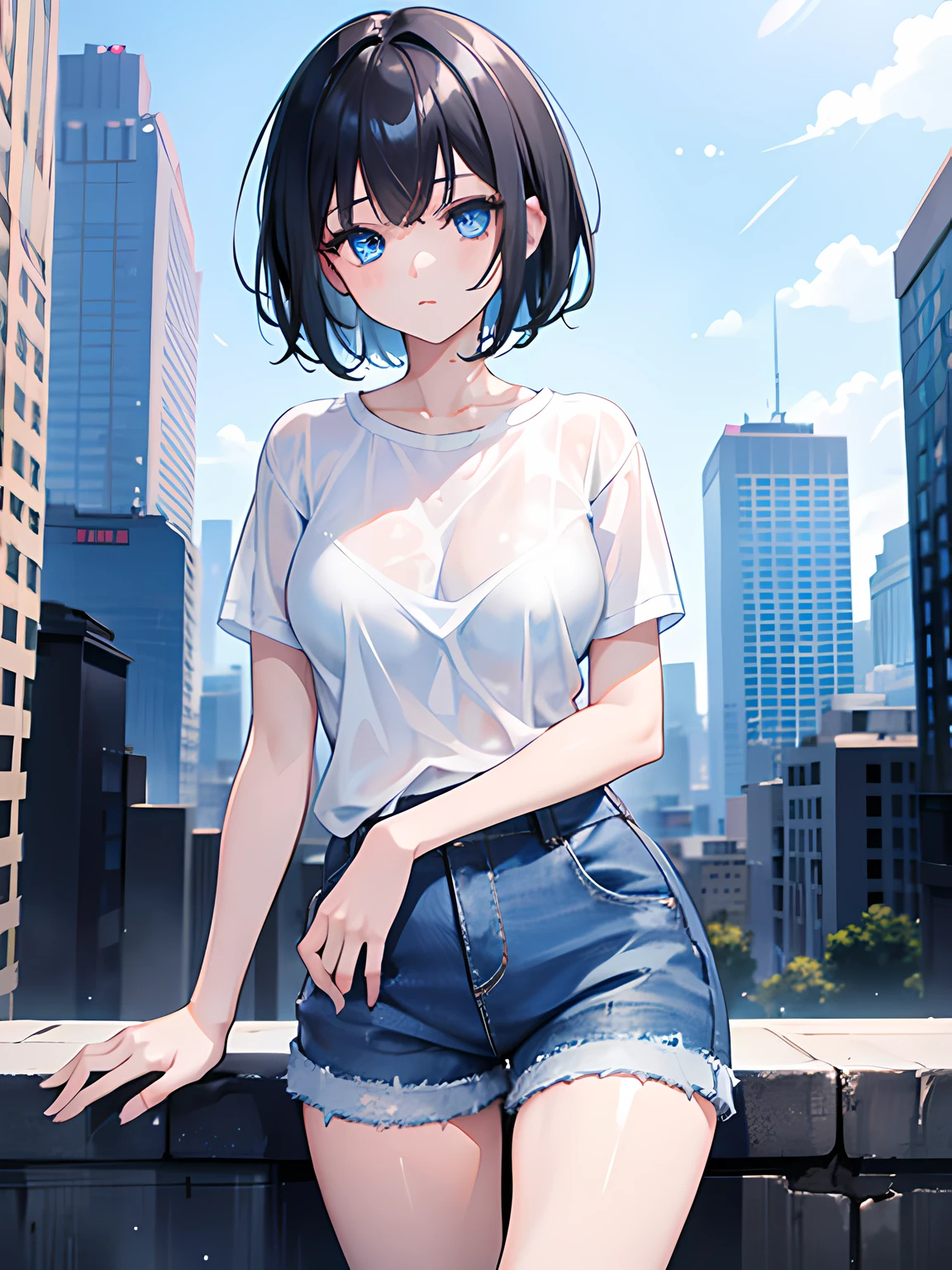 1girl, short black hair, blue eyes, wearing plain whit shirt, denim short, city, absurdres, high res, ultrasharp, 8k, masterpiece, looking at viewer