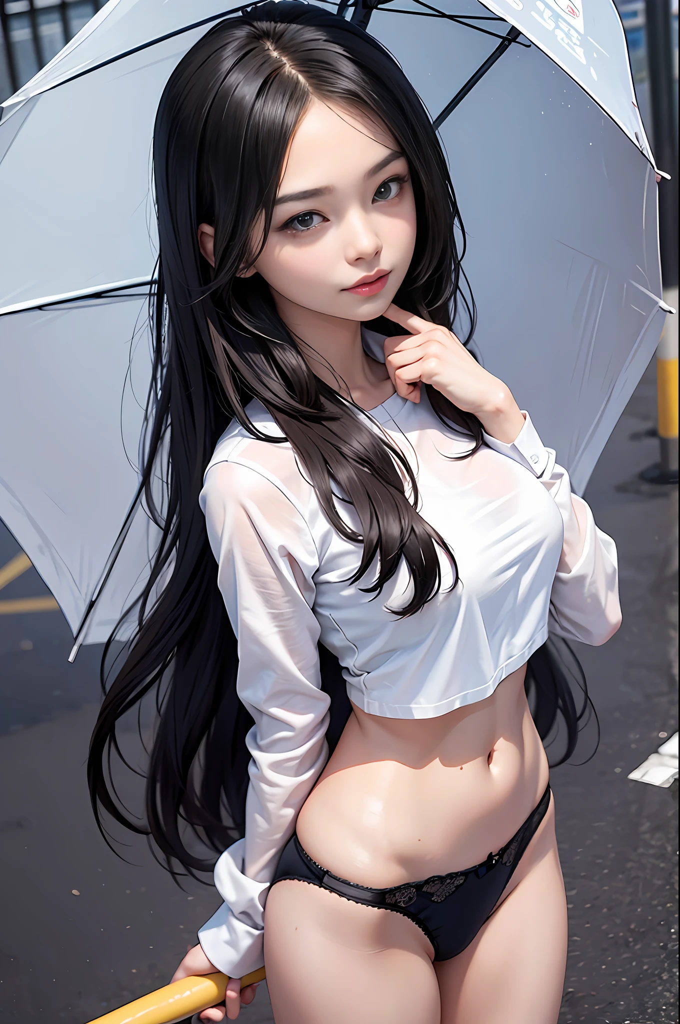 Official art, 统一 8k 壁纸, ultra-detailliert, Beautifully Aesthetic, masterpiece, top-quality, girl with, High school students,A dark-haired, japanes,dynamic ungle, Cowboy Shot, bright colour, (half: 1.2), (Dreams: 1.5), (Han Feng: 1.5),reallistic,a picture,A sexy,Soft look,erotick,The weather is rainy,bao phan,cloudy ash sky,High school girl with umbrella in hand,High school girl in wet light uniform,The location is the station,Dynamism,High school girl showing off yellow underwear,a navel,yellow panty
