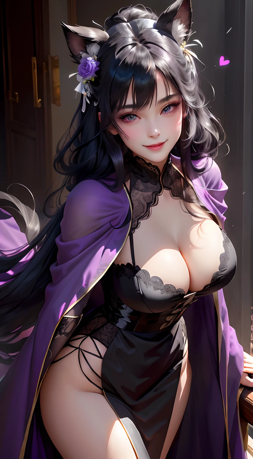 A beautyful girl,crisp ,cleavagr leg,Big breasts Thiring a black lace dress,Purple lace,Long coat,Purple cape,Skin texture,White flowers,Black hair, long eyelasher, Fake animal ears, Light smile, Fang, Purple hair, Black hair, pony tails, double tails, Very long hair, widow peak, Hair ribbon, maid headdress, flowers in head, Heart-shaped pupils,Purple eyes, Charming purple eyes,Pink eyes, grin, Naughty face, Light blush, chin grab, shadowing, stereograms, tachi-e, Atmospheric perspective, hyper photorealism, 8K, Super detail, ccurate, Best quality, A high resolution, High quality, Anatomically correct, 巨作
