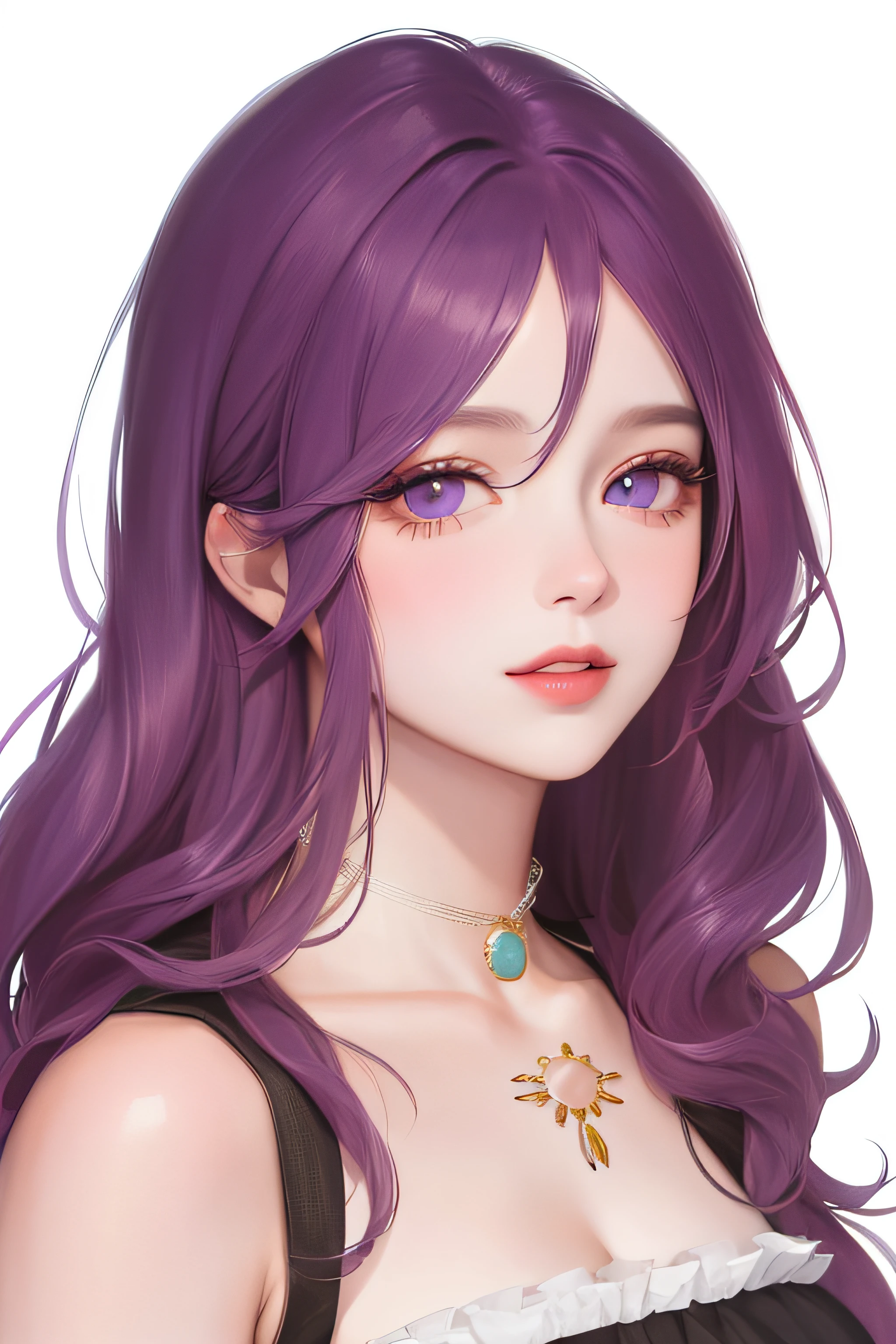 (highest resolution, diferente_imagem) a melhor qualidade, uma mulher, master part, altamente detalhado, (semi-realista), cabelos pretos longos, cabelos longos e lisos, franja de cabelo preto, Purple eyes, maduro, cherry glossy lips, fundo branco, retrato em close-up, solid circle eyes, Minimalista, cor plana