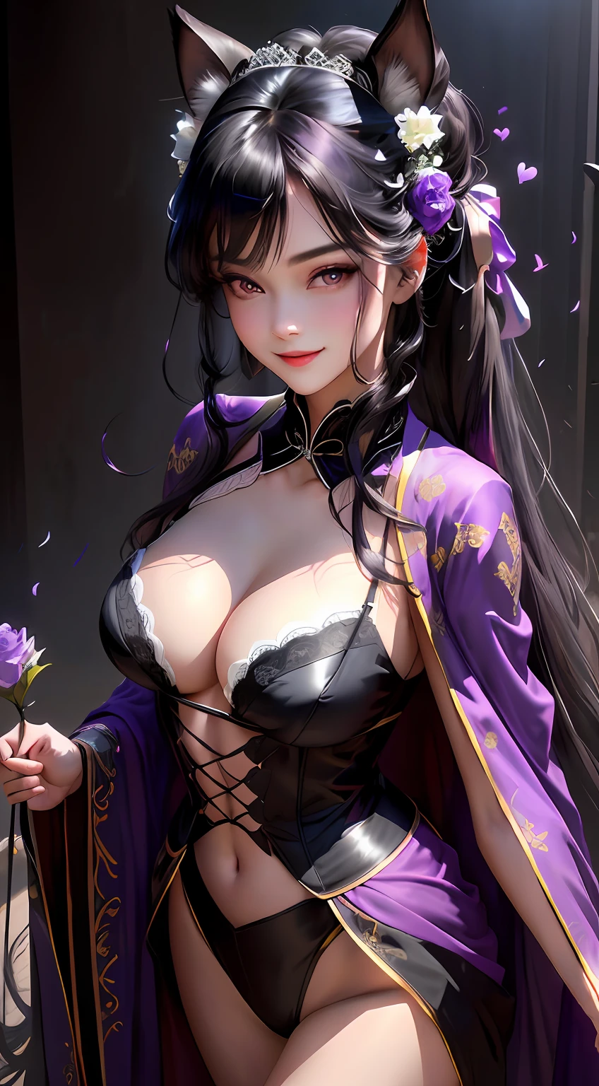 A beautyful girl,crisp breasts,cleavage,slender leg,Big breasts Thin waist,Wearing a black lace dress,Purple lace,Long coat,Purple cape,Skin texture,White flowers,Black hair, long eyelasher, Fake animal ears, Light smile, Fang, Purple hair, Black hair, pony tails, double tails, Very long hair, widow peak, Hair ribbon, maid headdress, flowers in head, Heart-shaped pupils,Purple eyes, Charming purple eyes,Pink eyes, grin, Naughty face, Light blush, chin grab, shadowing, stereograms, tachi-e, Atmospheric perspective, hyper photorealism, 8K, Super detail, ccurate, Best quality, A high resolution, High quality, Anatomically correct, 巨作