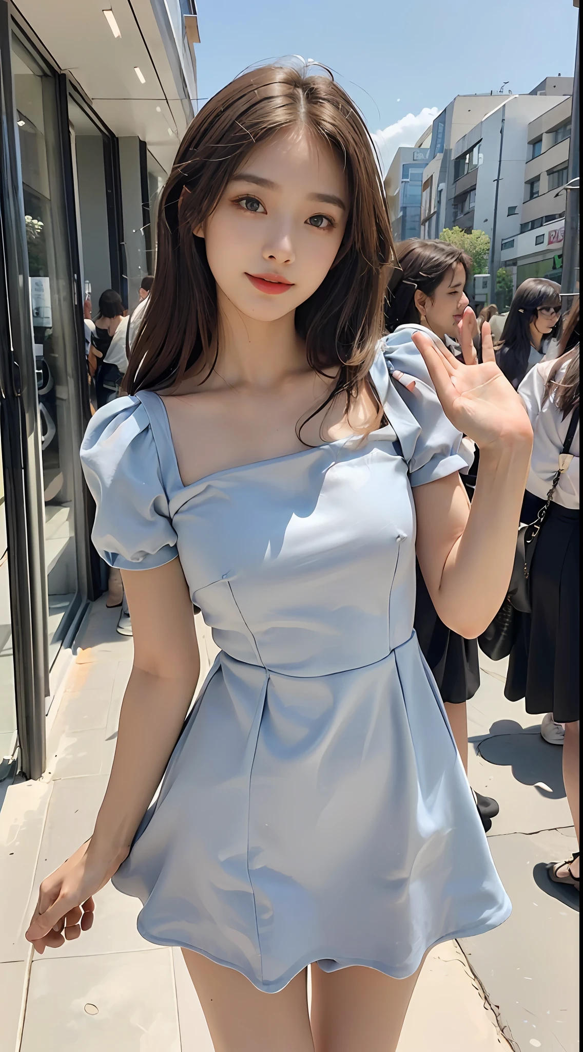 A close up of a woman in a blue dress on a street - SeaArt AI