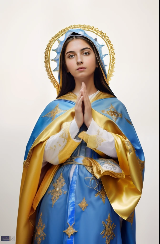 ((Blessed Virgin Mary. 19 years old))) ((( Con una cara seria y piadosa. Con una mirada dulce y tierna))) (obra maestra, calidad superior, mejor calidad, arte oficial, beautiful and aesthetic: 1.2), (1girl), extremadamente detallado, (Arte fractal: 1.3), colorido, highest detailed, Cara perfecta, parte superior del cuerpo, HDR, (orando: 1.3), (golden lines of white coat: 1.2), galaxia, (rayas de luz), eye-catching visuals, (dynamic stripes, senderos luminosos: 1.2), colores vibrantes,