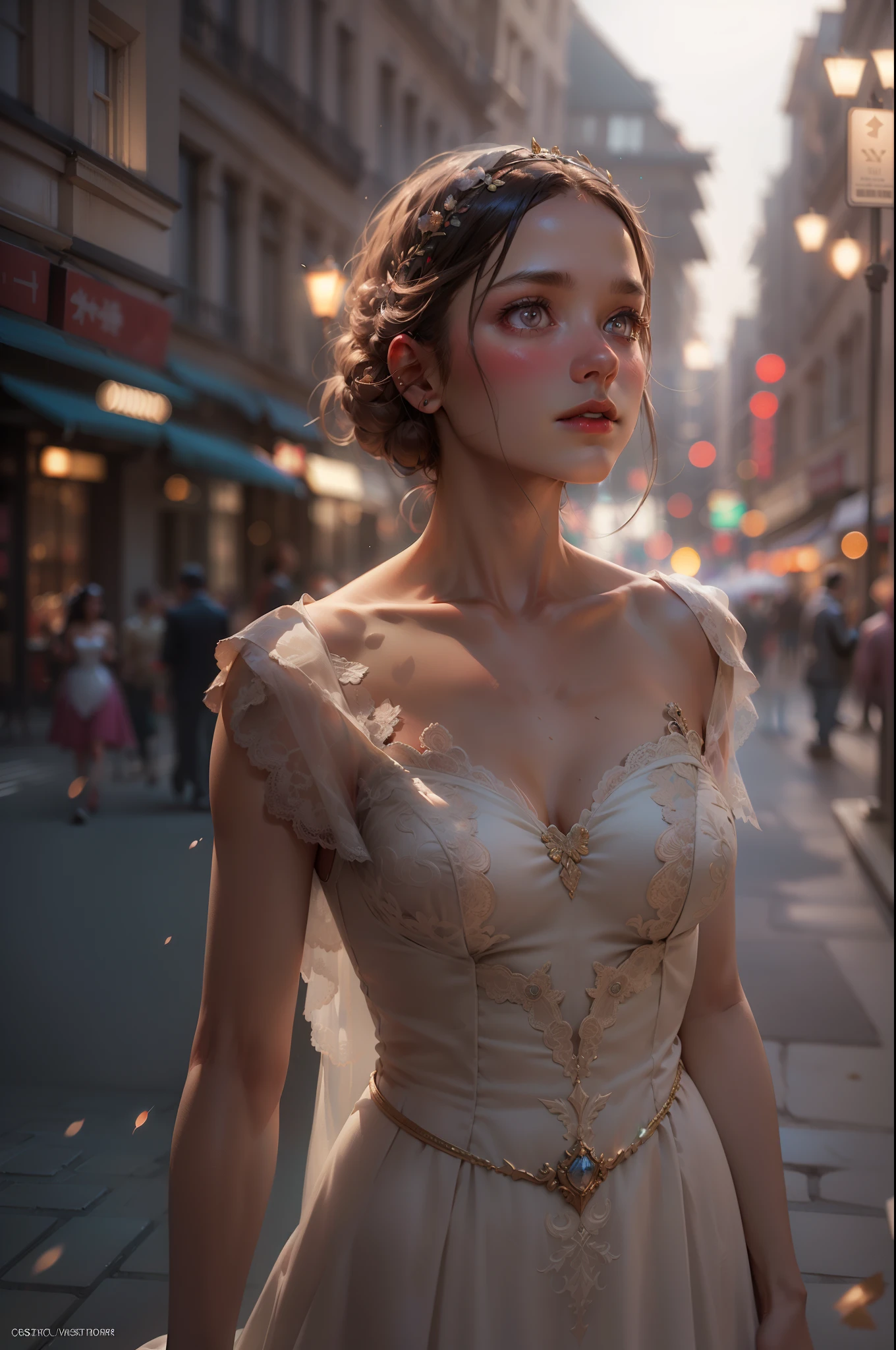 masterpiecem, concept art, mid shot, centere, (cinematic angle: 1.2), streetview,(1 girl, wedding dress),(best quality, detailed details, masterpiece, official art, movie lighting effects, 4K)