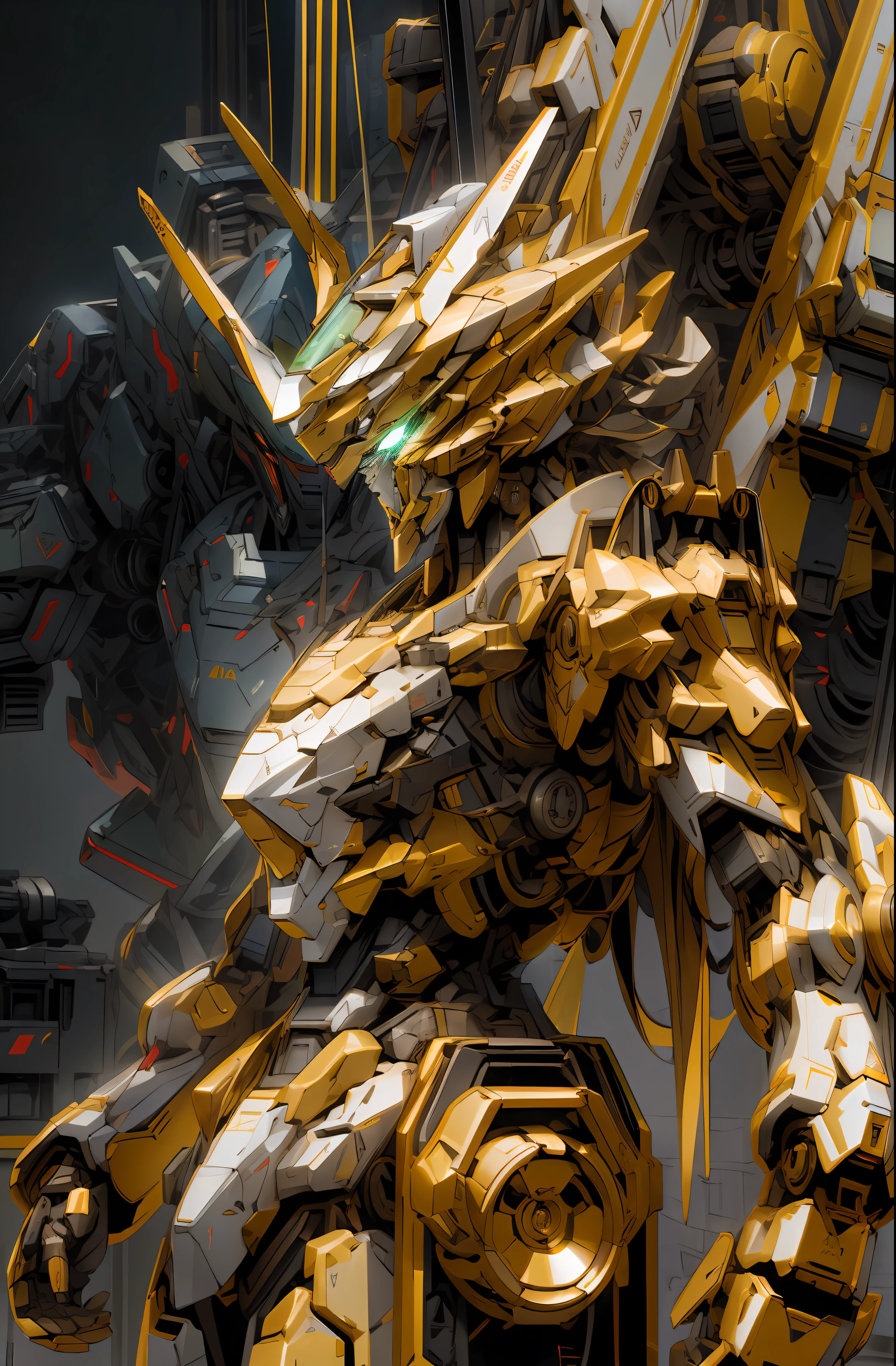 mechanicalparts，robotjoints，mecha art, mecha asthetic, gundam,Facial armor， mechs， GOGETTA，Ray traching， NVIDIA RTX， Hyper-Resolution， Unreal 5， sub surface scattering， PBR Texture， Post-processing， Anisotropic filtering， depth of fields ，Maximum clarity and sharpness， Many-Layer Textures， Albedo e mapas Speculares，{{tmasterpiece、best qualtiy、Extremely detailed CG、Unity 8k Wallpapers、3D、cinmatic lighting、lens flare glow}}，