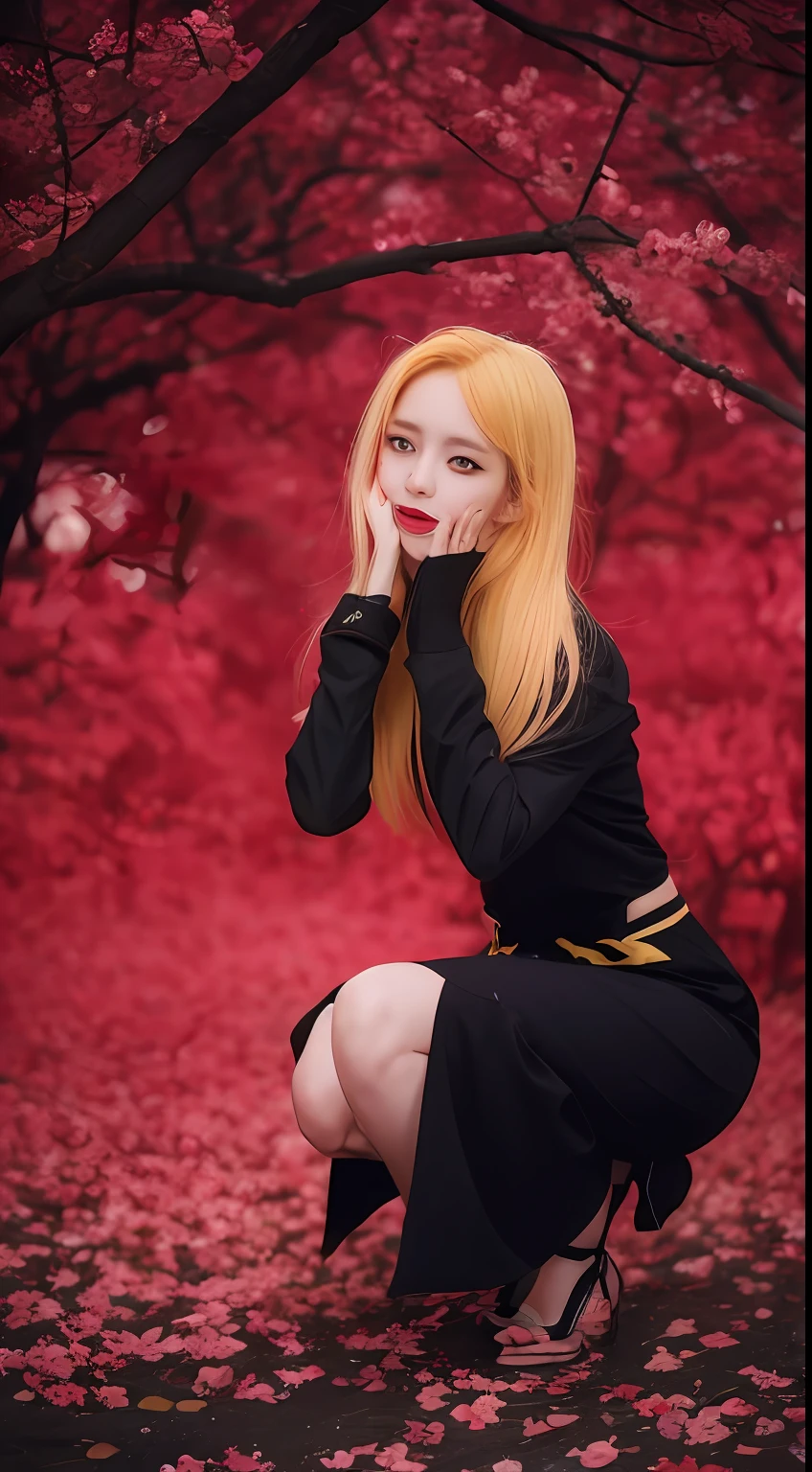 one-girl,Yellow hair,Be red in the face,under a sakura tree,Sorry,Dark red background,((Be red in the face))Kneeling,full bodyesbian