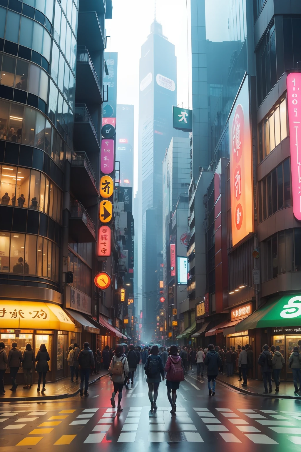 Please tell me the cityscape of the scramble crossing in Shibuya.. Ooze an otherworldly feeling reminiscent of Studio Ghibli。In a bright atmosphere、Lively cityscape。