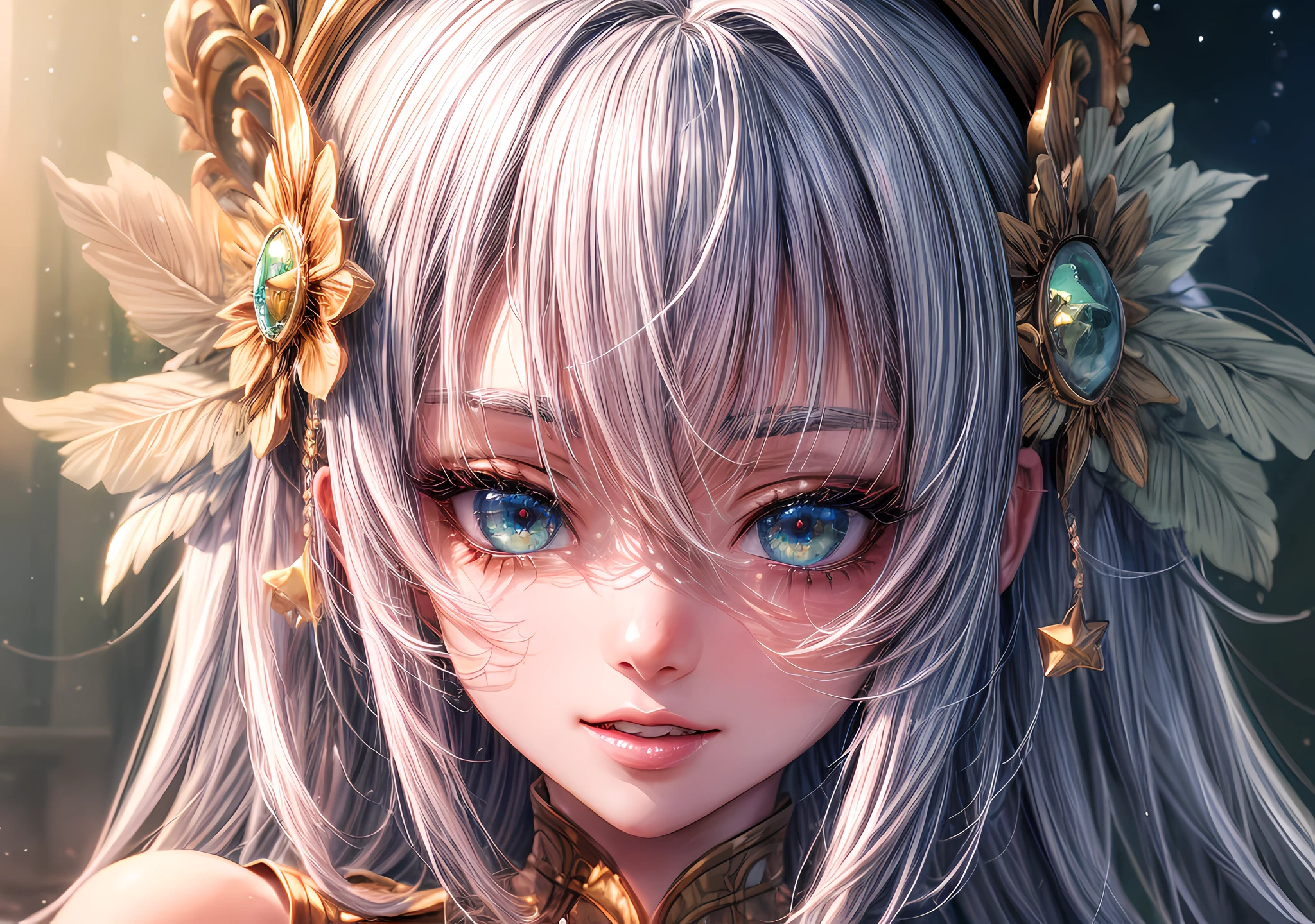 The girl looks at the camera with beautiful green eyes and an attractive smile, mouth open, White Teeth, Cute little nose, Beautiful ears, white colored hair, Stars in her fixed eyes, breathtaking rendering, extreme closeup, Sweet girl, attractive anime girl, beautiful anime girl, Cute beautiful anime woman, detailed digital anime art, beautiful anime girl, beautiful anime girl, Anime with small details, Best Quality, Masterpiece, Ultra-detailed, Beautiful, hight resolution, Original,CG 8K ультрареалистичный, perfect artwork, beatiful face, Face Clean, Skin, hyper realistic, Ultra Detailed, A detailed eye, dramatic  lighting, (Realistic) Realistic, Full HD, Best Quality, Best Quality, Beautiful lighting, (8k wallpaper of extremely detailed CG unit), High Details, sharp-focus, The art of dramatic and photorealistic painting, beautiful smile, Incredibly detailed face, hyper detailed face, A face with a lot of detail, Perfect nose, gorgeous smile, Green star in the eye, Perfect eye shadow, wink, Hyper-Detailed Eyes, Hyper-detailing of eyebrows, Hyper-detailed eyelashes,