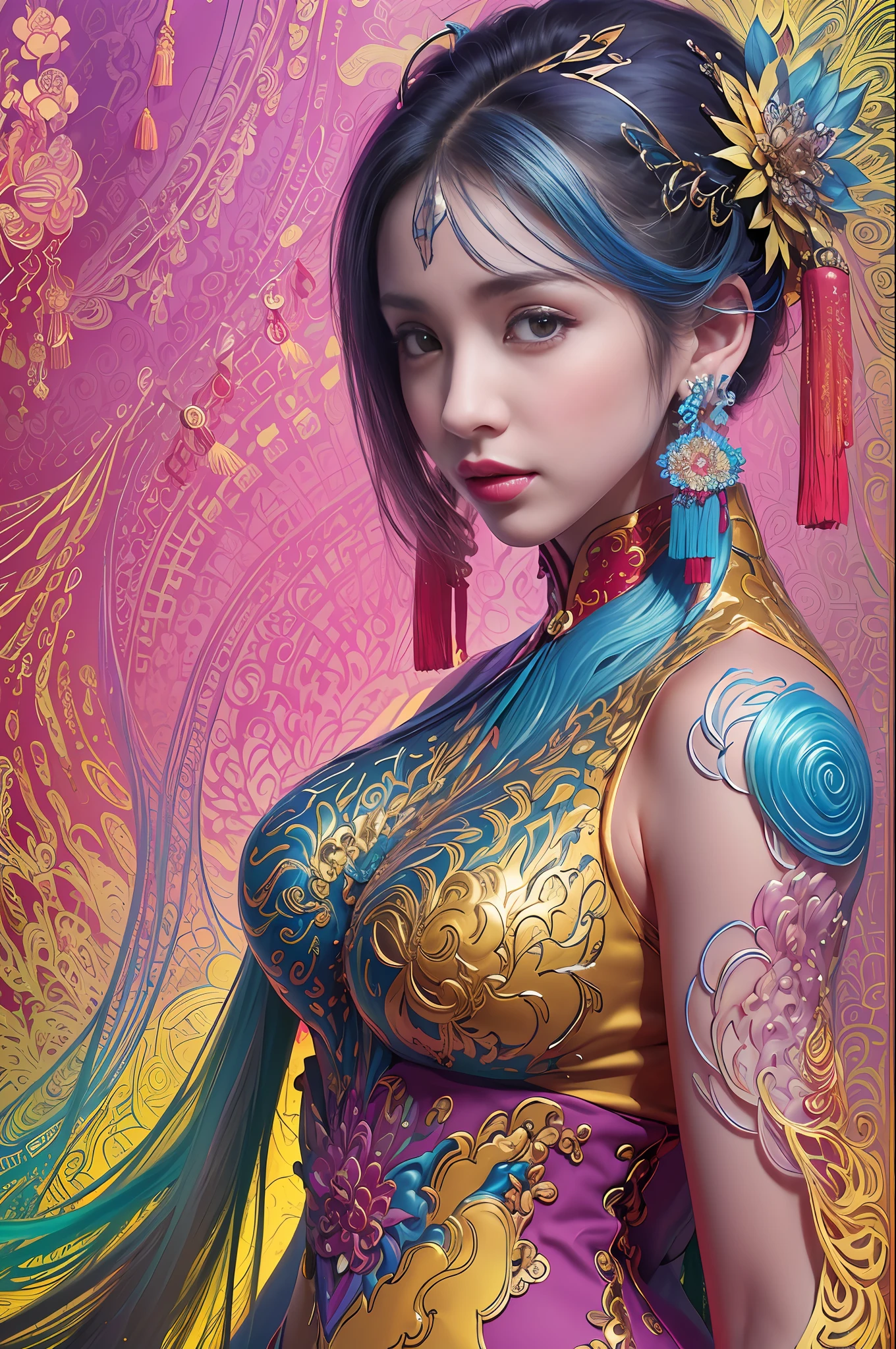 Create a beautiful tree, tree woman With the torso with a feminine silhouette. a perfect body With green leaves. digital drawing, perfect face, glowing skin, 8k concept art portrait, dynamic lighting, super detail, detailed image, fractal complex background, alcohol ink drawing.beautiful woman, a woman with black and platinum and gold hair, with a colorful outfit and a black background with paint splatters, by Hirohiko Araki, Official Art, Unity 8K Wallpaper, Ultra Detailed, Masterpiece, Best Quality, (Zenredar, mandala, tangle, tangle), 1 beautiful Caucasian haired girl platinum and black and gold, Dynamic Angle, The Most Beautiful Form of Chaos, elegant, bright colors, romanticism, By James Jean, Gerhard Richter, Takato Yamamoto, Ashley Wood, atmospheric, ecstasy of musical notes, transmission of visible musical notes, Style Wtrcolor, wind blown, Masterpiece, Beautiful, ((watercolor)), Paint splatters, Intricate details. [drip: 0.7], Trending on Artstation, Rachel Walker, Style-Painting-1900, A beautiful nude woman completely covered in paint floating in a pool, beautiful lighting, beautiful large detailed eyes, Nirvana, relaxed, paint drips, Spirals of Paint, Paint Splatter, (Beautiful Swirls of Paint Swirls), by Jeremy Mann, By Sandra Chevrier, vivid contrasting colors, chromatic aberration, black background, Best Quality, (realistic: 1.2), (high contrast: 1.2), gold and silver and bronze decoration, forest goddess, beautiful caucasian girl close-up, beautiful goddess fused with forest and trees, black hair fused with platinum and gold, nude girl, beautiful visible pubic area, pink pesons, small breasts a the view, pond of water in the garden, tattoos of mandalas and flowers on the naked body, floating old clock, lamp, lantern,pond of water in the garden,beautiful visible pubic area, pink pesons, small breasts a the view,full body, Sakimichan art, oriental mandala tattoo, fractal background, silver and gold and bronze spirit, floating antique clock, antique lamp
