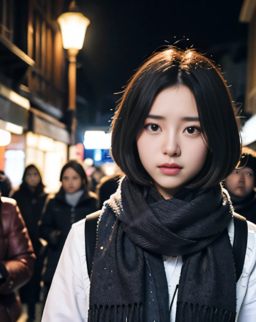 zydG, 1girls, Front view, stand, looking away, brown-eyed, (brown very short hair:1.2), (light hair), tears, (photorealestic:1.4), (Top image quality:1.0), (UltraHighResolution:1.0), 8K, Raw photography, (A masterpice:0.2), winter school uniformt, scarf, portlate, ful body, blurry background, night, city, crowd, snowy,