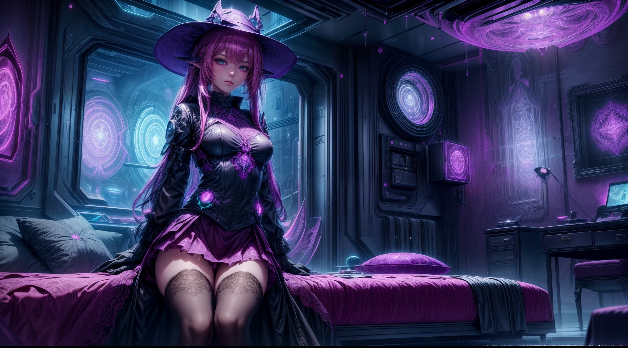 magenta futuristic elf demon witch girl in coverall suit (((skirt))) with hat, ((lacy)), magic lights, (cozy bedroom, sofa), futurism, cyberpunk, silk, fur, (stockings), decollete, natural breasts, slim body, zettai ryouiki, medium length hair, (beautiful detailed bright emerald eyes), portrait, (beautiful and aesthetic:1.2, fractal art:1.4), most realistic, highest quality, best quality, Detailed, Realistic, 4k highly detailed digital art, octane render, bioluminescent, (cool_color), best pixels, 8k ultra