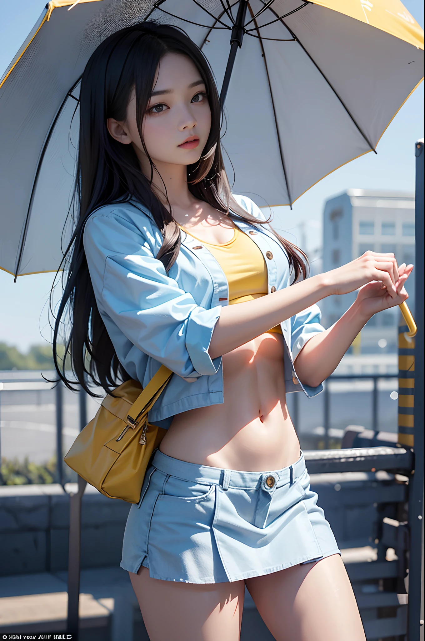 Official art, 统一 8k 壁纸, ultra-detailliert, Beautifully Aesthetic, masterpiece, top-quality, girl with, High school students,A dark-haired, japanes,dynamic ungle, Cowboy Shot, bright colour, (half: 1.2), (Dreams: 1.5), (Han Feng: 1.5),reallistic,a picture,A sexy,Soft look,erotick,The weather is rainy,bao phan,cloudy ash sky,High school girl with umbrella in hand,High school girl in wet light uniform,The location is the station,Dynamism,High school girl showing off yellow underwear,a navel,yellow panty