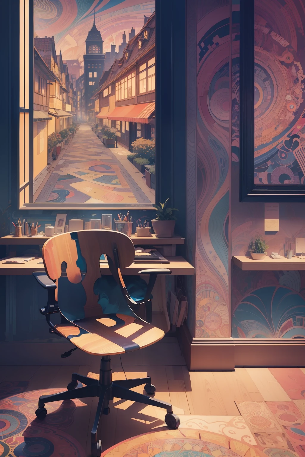 workplace,Anime, conceptual art, Art deco, Dutch Golden Age painting, Contemporary art, Carl Larsson, Anime style, ghibli-like colors,(Zentangle:1.2), (Abstract background:1.5), (Many colors:1.4), pixelated fragments, data corruption, Colorful Noise, visual chaos, modern aesthetic,Fantasy world