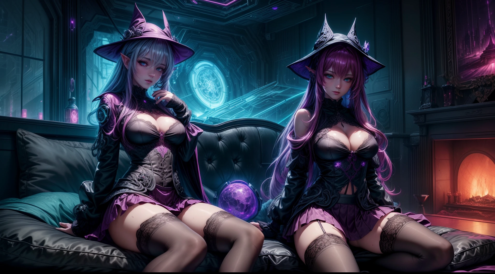 magenta futuristic elf demon witch girl in coverall suit (((skirt))) with hat, seductive, ((lacy)), magic lights, (cozy bedroom, sofa), futurism, cyberpunk, silk, fur, (stockings), decollete, natural breasts, slim body, zettai ryouiki, medium length hair, (beautiful detailed bright emerald eyes), portrait, (beautiful and aesthetic:1.2, fractal art:1.4), most realistic, highest quality, best quality, Detailed, Realistic, 4k highly detailed digital art, octane render, bioluminescent, (cool_color), best pixels, 8k ultra