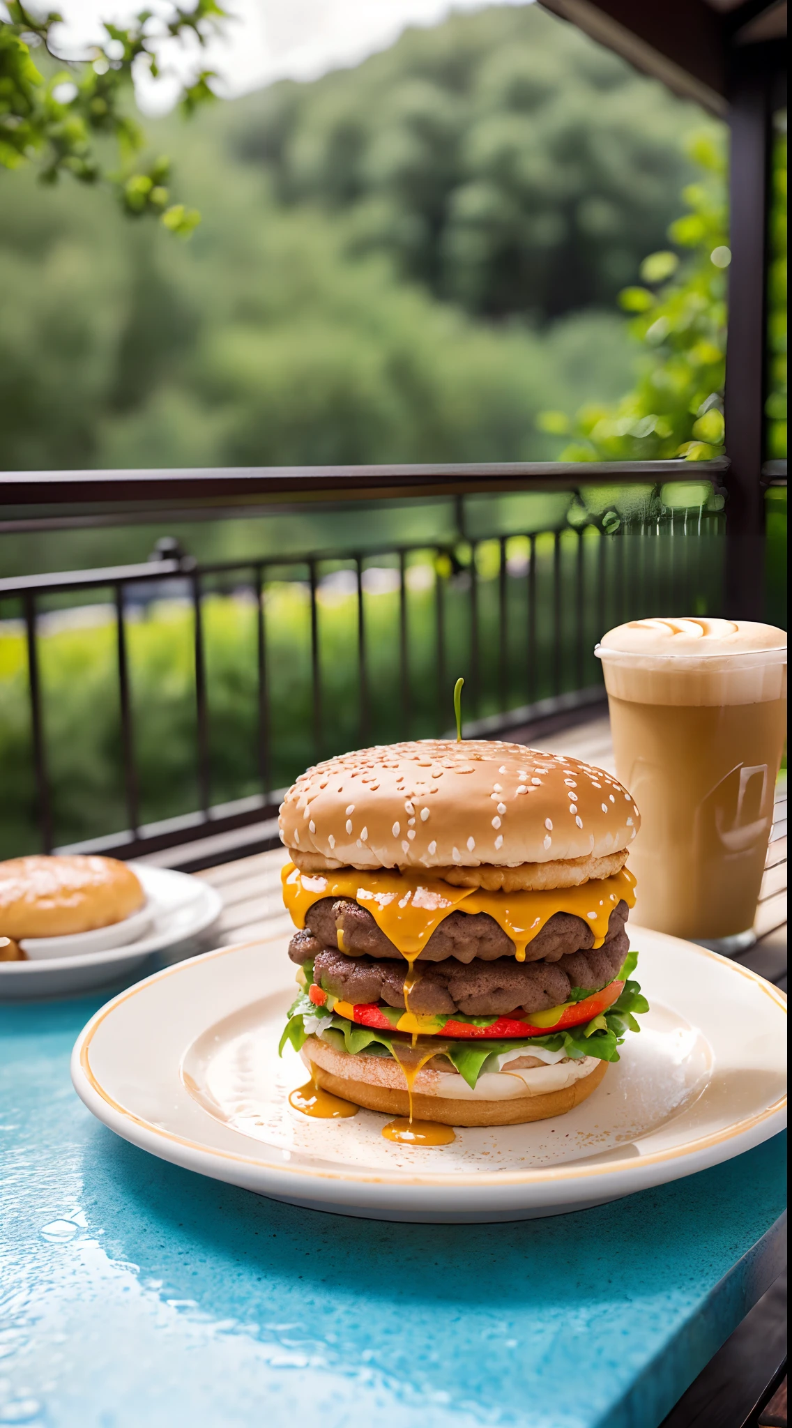 (8K UHD、RAW Photography、Photorealsitic:1.5、Digital SLR、Lifelike images)、(Big Mac、Volumie)、(Feeling of dripping、Looks very tasty)、(Powerful close-up angles)、(On a plate on an outdoor table、Cafe terrace、blue open sky、夏天)
