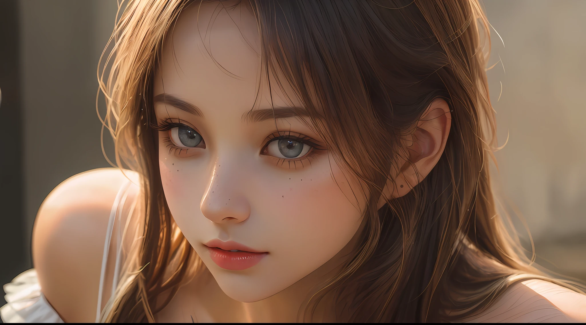 (masutepiece),(Best Quality:1.1),(Ultra-detailed),Best Illustration,finely detail,(Portrait:1.1),(watercolor paiting)floating,1girl in,Solo,,slim,(extremely delicate and beautiful face),(Detailed beautiful eyes),pink thick lips,(disheveled hair),(Wearing a pink baggy T-shirt),Soft and lazy,(Simple background:1.2)All-color backgrounds,Clear,4K,barechested