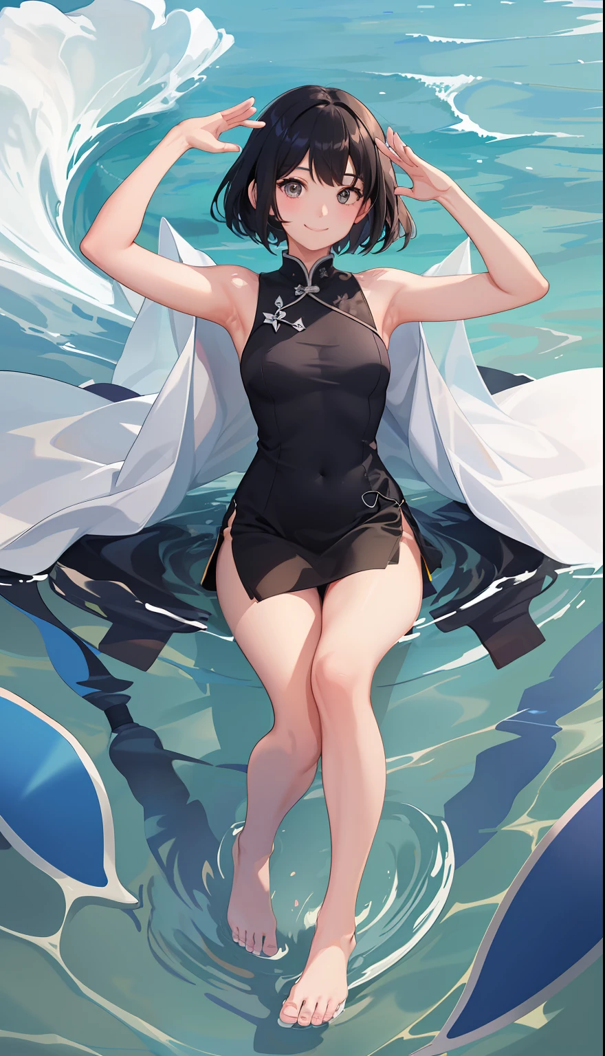 1girl in、A smile、At the shallow beach、Wear only a short black and blue cheongsam、hands raised overhead、Expose the armpits