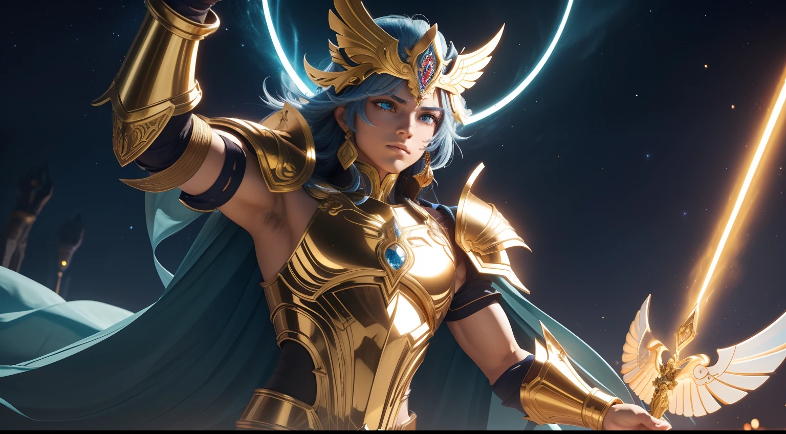 (extremely detailed CG unity 8k wallpaper,masterpiece, best quality, ultra-detailed),best illumination,an extremely delicate and beautiful,soulful,colorful shoulder armor, shine, unique face,coruscating Athena's golden sacred object,calm expression,moonlit blue glowing hair,ornate helmet, fiery cosmos, mythological spirits, eternal struggle, Os Cavaleiros do Zodíaco Saint Seiya.
