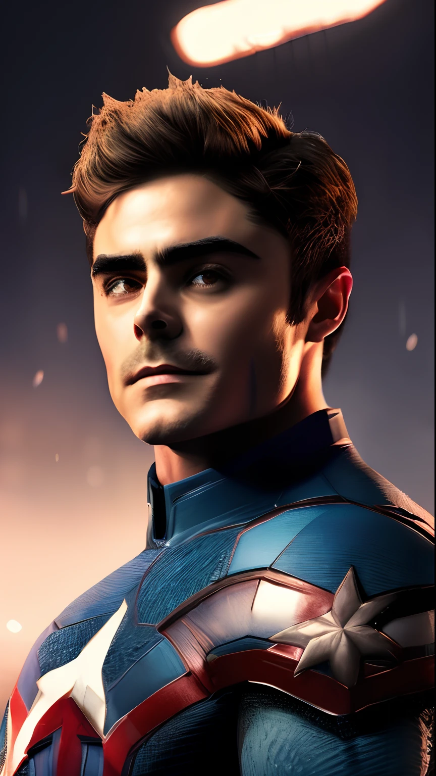 . .Tarantino style Zac Efron as Captain America 8k, high definition, detailed face, detailed face, detailed eyes, detailed suit, Marvel and DC style, hyper-realistic, + cinematic shot + dynamic composition, incredibly detailed, sharpness, details + superb details + night with light + perfectionism + award winning realism ((soft lighting))