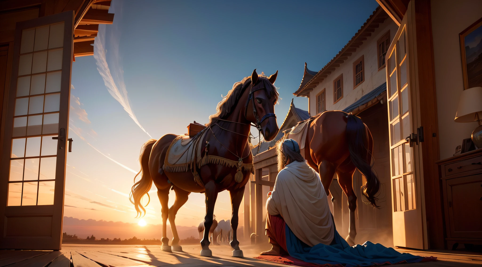 There is a man kneeling beside a horse and a woman, Directed by: Mike Winkelmann, beautiful depiction, cena imensamente detalhada, bible illustration, Beautiful Rendering of the Tang Dynasty, Directed by: Alexander Kucharsky, epic biblical representation, Directed by: Scott M. Fischer, belas imagens fotorrealistas, Directed by: Daniel Seghers, O melhor no Adobe Stock, Directed by: Brian Thomas