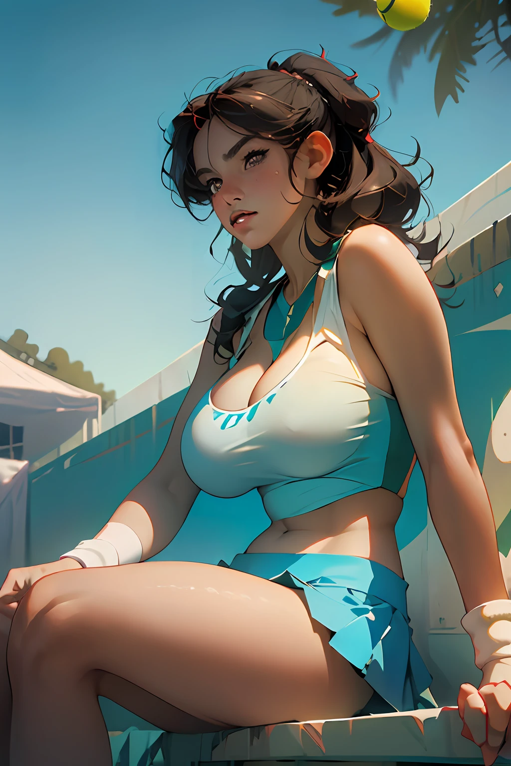 "(best quality, masterpiece) +(1girl) +huge breasts+ cleavage + pretty face+ Tennis player +resting in the shade"