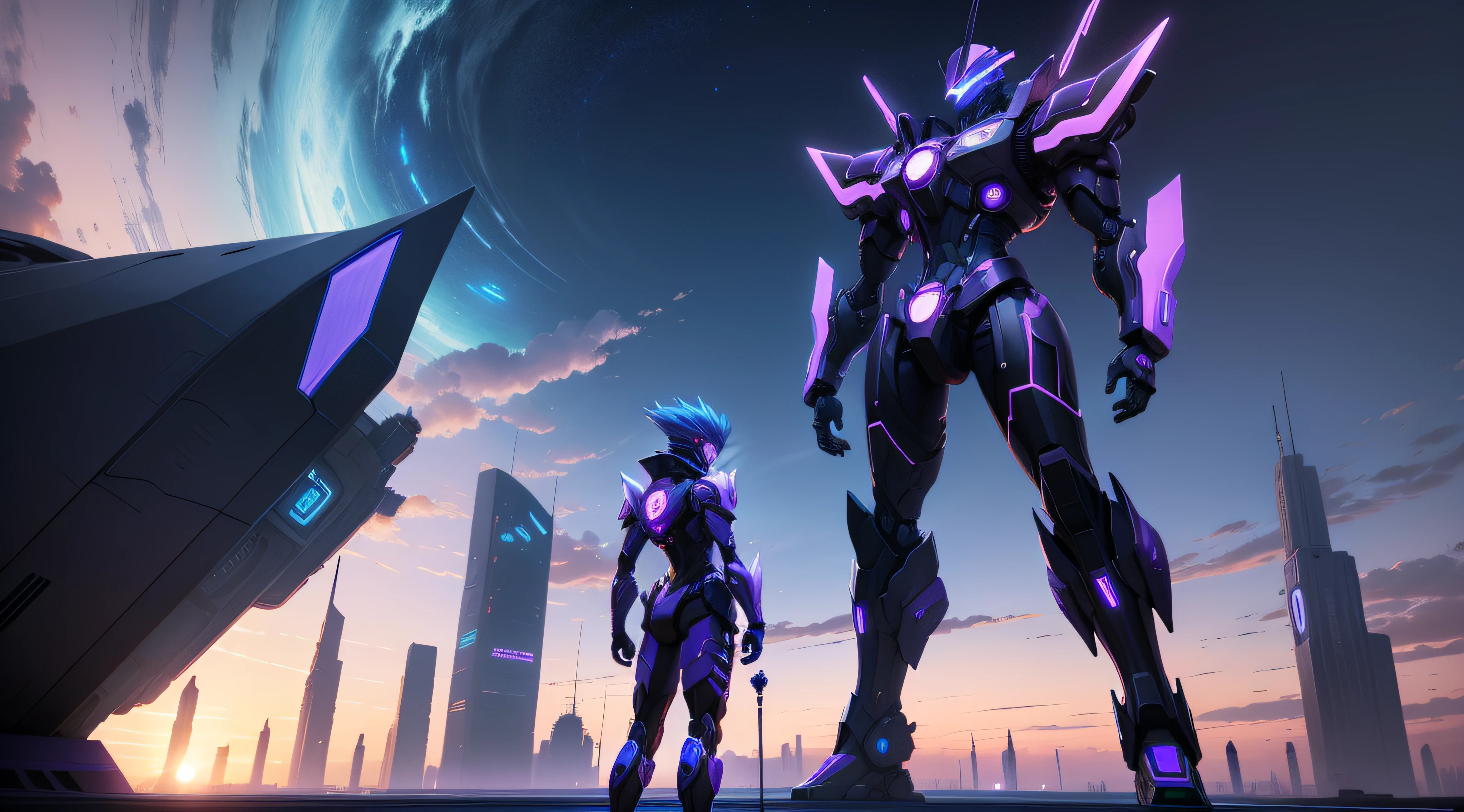 Futuristic sky landscape with blue and purple colors, e raios de neon. Futuristic character inspired by Yugioh looking at a robot station in the sky.