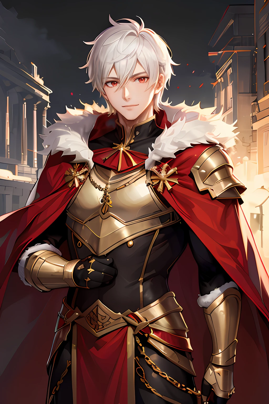 Personaje de anime vestido con armadura con una capa roja y una cadena de oro, Arte de Casimiro, ojos rojos, sonriendo, rostro varonil, Edelgard de Fire Emblem, Keqing por Genshin Impact, male paladin, A male human paladin, inspirado por Li Chevalier, Tendencias en ArtStation Pixiv, delicate androgynous prince, Full portrait of the magic knight, arte oficial