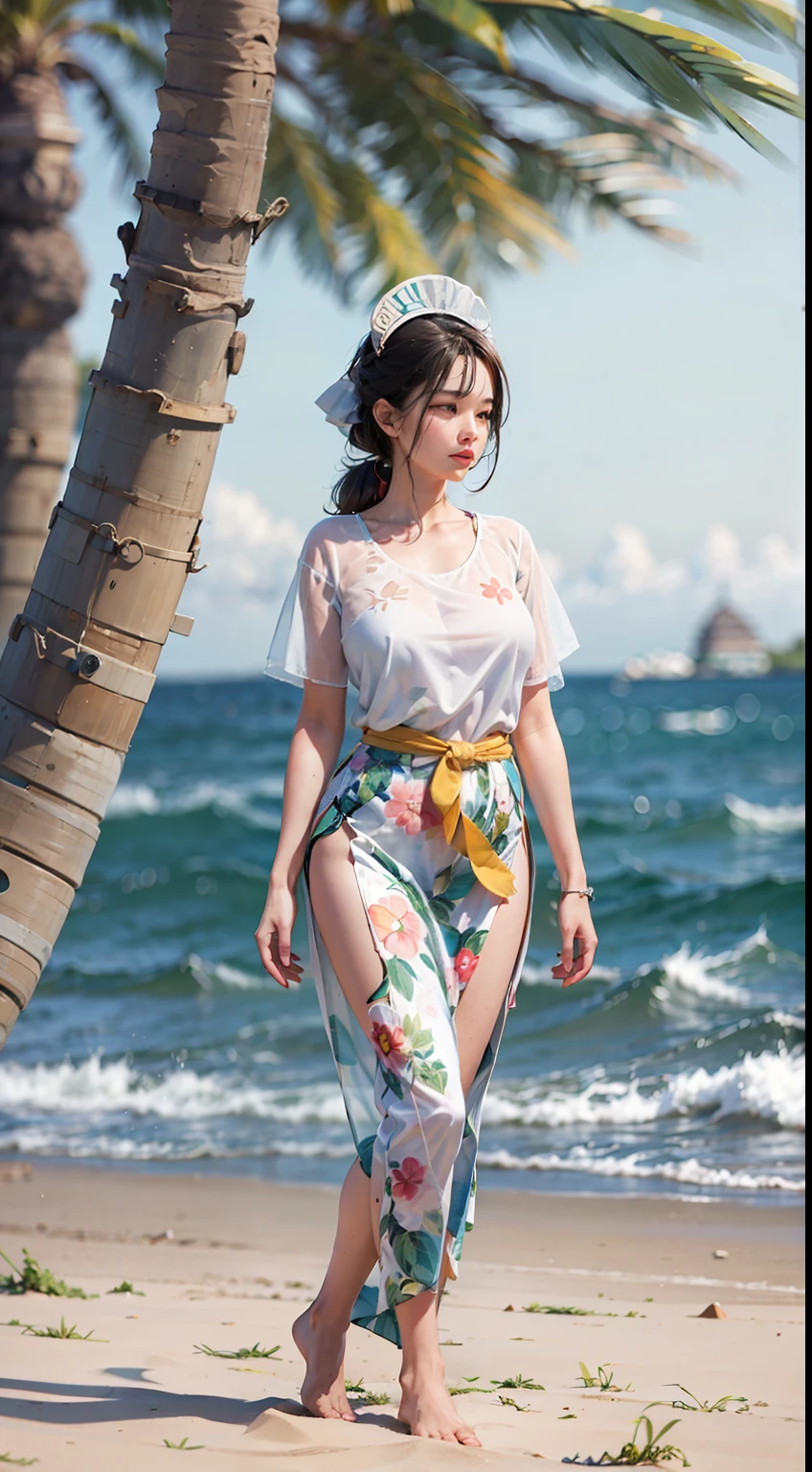 Japanese woman walking by the sea,sandbeach,palmeiras,Seaside plants,ssmile,Mixed Korean,The background is blurred out,focal,电影灯光,(((tmasterpiece))), ((best qualtiy)), ((Complex and detailed)), ((ultra-realistic realism)), Ridiculous resolution, A MILF, Mature woman, ssee-through, highly detailed, illustratio, 1girll, (huge tit), Thin waist and thick hips,long leges,beatiful detailed eyes, short detailed hair, brunette color hair, a purple eye, (Cold compresses:1.2),White color blouse,比基尼,With a garland on the head,The barefoot,Hawaiian flair,(torn laundry:1.5),(wetclothes:1.4),(No underwear),pantiess, detailed back ground, perfect eyes, Seductive eye, looking at viewert, From the front,Wear light,