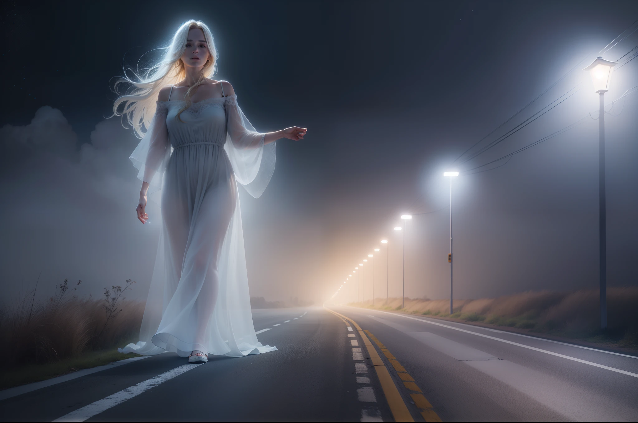 Very realistic and detailed 8k image of a ghost of a blonde woman in a white dress, on the side of an empty night road full of fog