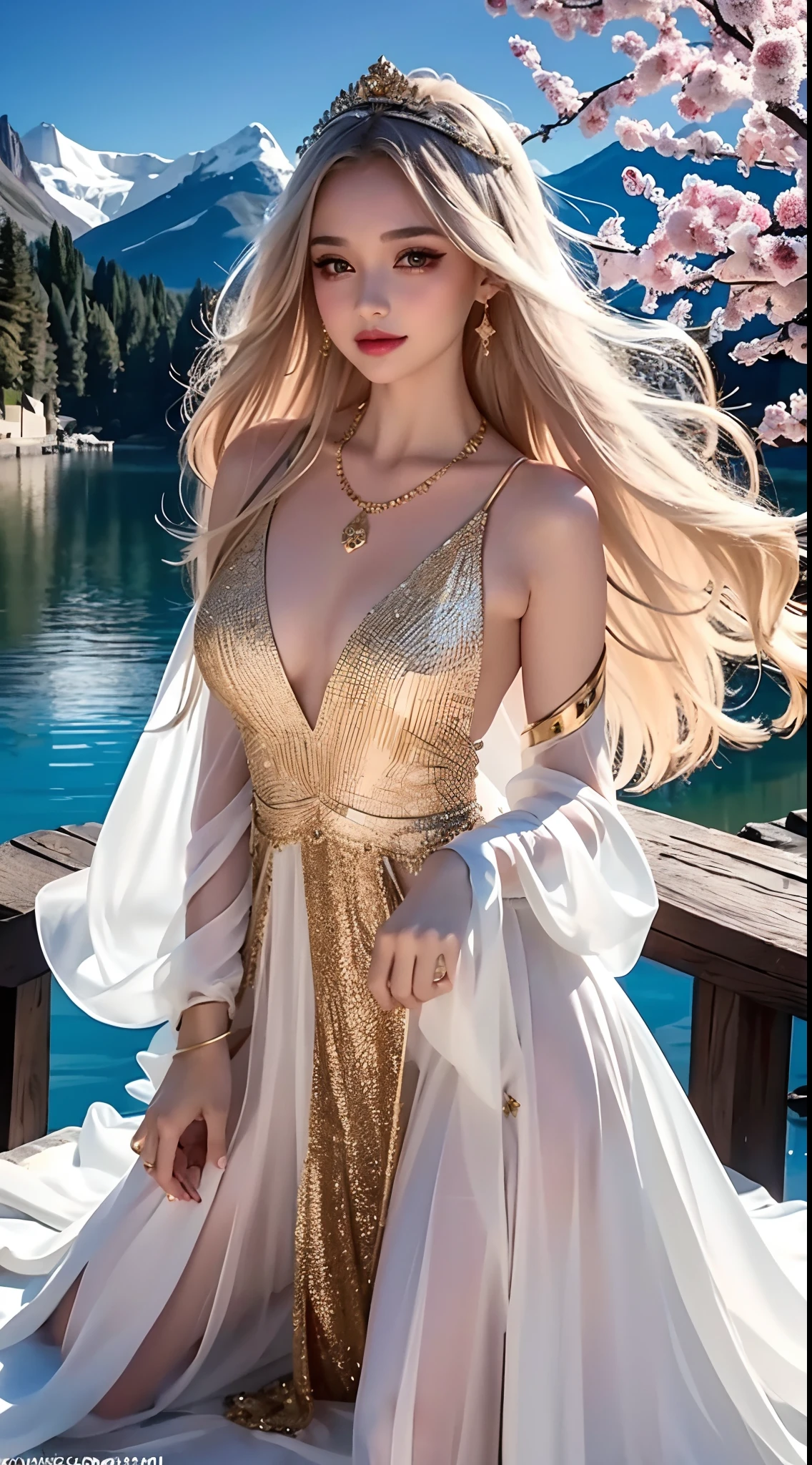 4K Ultra HD, Masterpiece, s, Nice face, Detailed Eyes, Liquid Lipstick, Long hair, Hair spreads, necklaces, beautiful dress, long dress, wedding dress, Gold color, highlights, lighting effects, glittering, realistic background, Natural background, blossom, sunlights, mountains, Full-body capture, The bridge is visible, In the castle