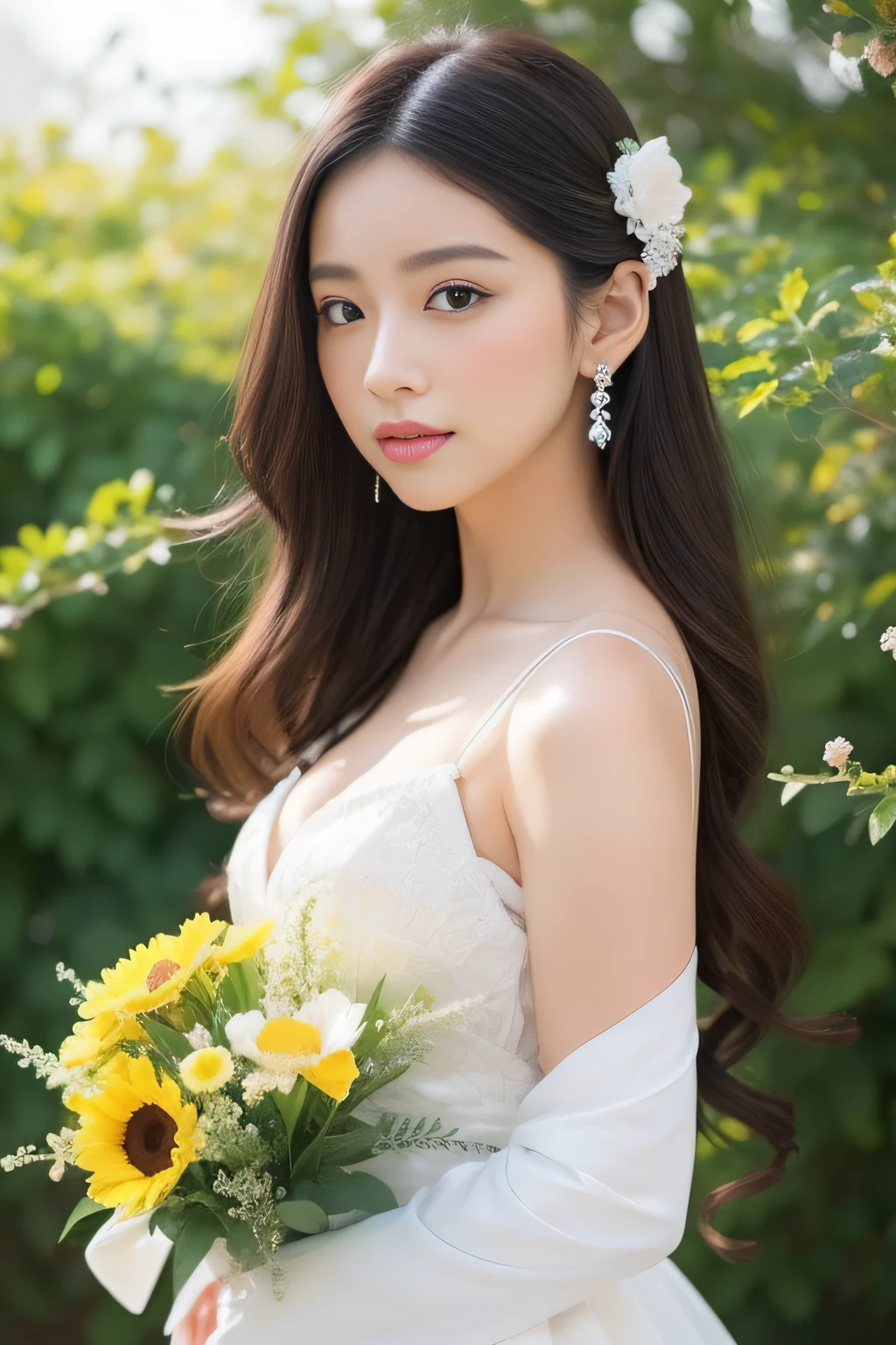 A woman in a white dress holding a bouquet of flowers - SeaArt AI
