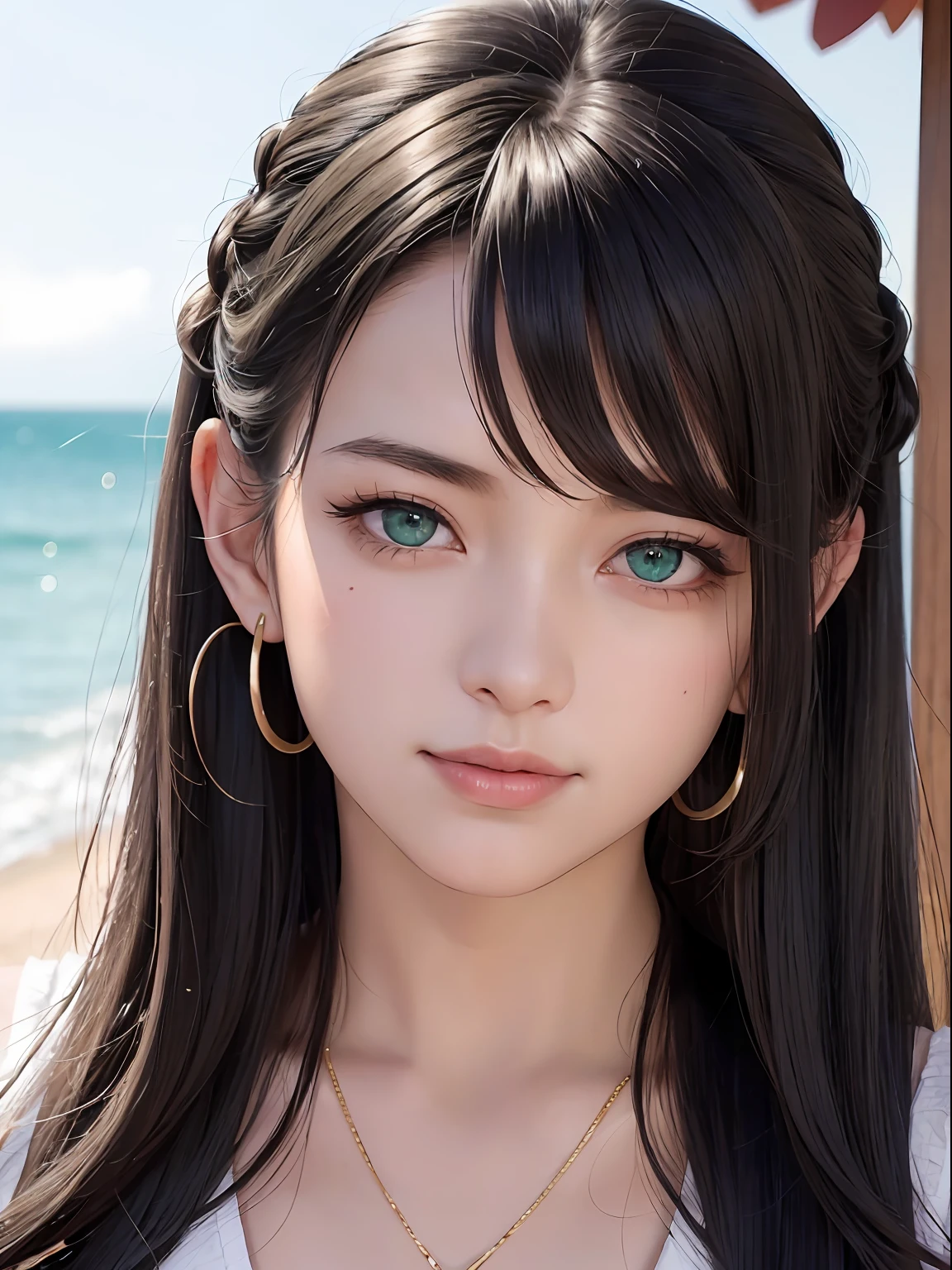 NFSW, 1 Lady,  Face, (((1 Lady:1.37, Solo))), (((Extreme close-up of the face))), (Beautiful face, Cute face, Detailed face, grinning evily, open open mouth),  BREAK, ((( Black hair, Semi-long hair, Hair pulled back, Wavy Hair. poneyTail))), (((Detailed beautiful green eyes,))), BREAK, (((Sunny))), (((in beach))), BREAK, blazing, Shiny skin, extremely detailed CG unified 8k wallpaper, very fine 8KCG wallpaper, anime moe art style, Anime visuals of cute girls, anime style portrait, In an anime style, Beautiful anime, 8K Anime Art Style, In anime style、8K animation with detailed drawings, (​masterpiece, Best Quality), High resolution, Ultra-detailed, ultra-sharp, Cinematic lighting